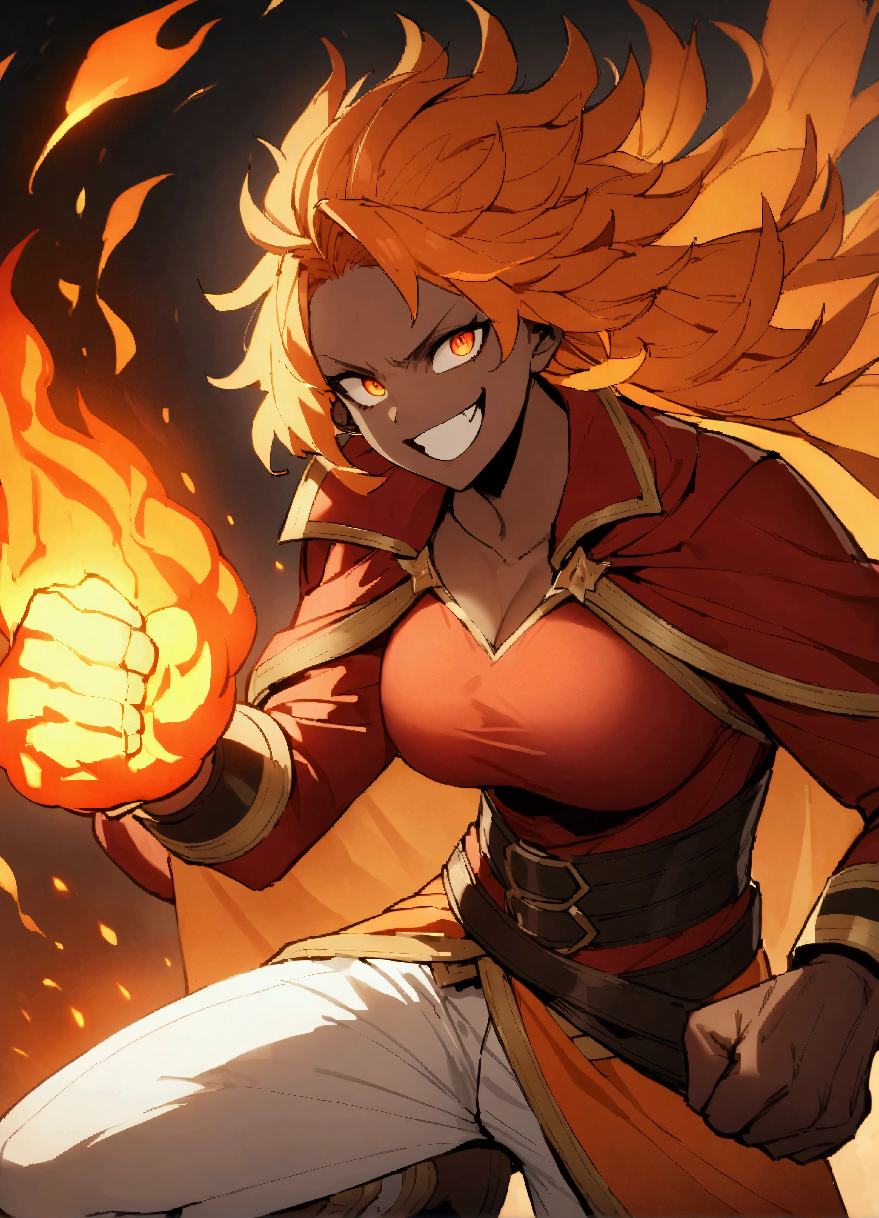 solo、１people、Explosive Wizard、Mature witch、Big Breasts、Orange Hair、Burning Hair、shortage々new hair、Burning Fire、Red jacket、White trousers、Orange Cape、Explosive Fist、Burning Hair、Flame Hair、勇fierce果敢、fierce々Enthusiasm、Sharp Eyes、Ferocious grin、Muscular、Brown skin