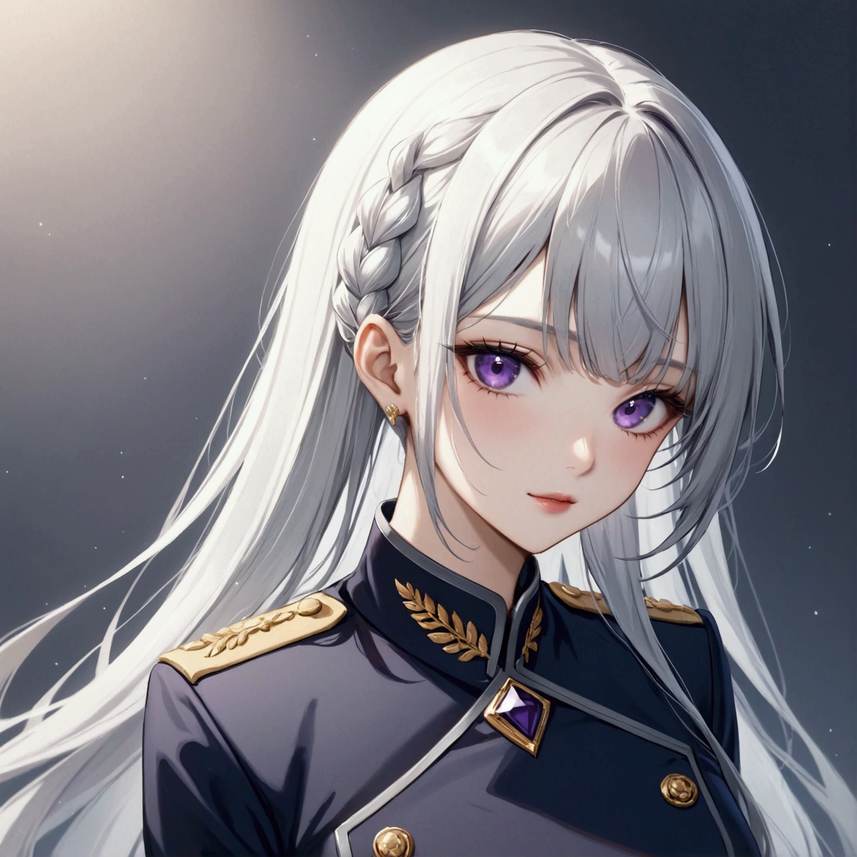 Highest quality、Delicate depiction、Beautiful woman、Silver Hair、Long Hair、Amethyst Eyes、Blue-gray military uniform、
