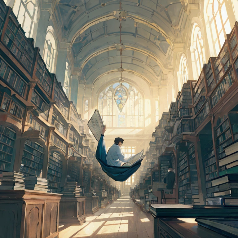 landscape scene。Countless books floating in the air、Space to fly freely。The man is enveloped in a soft glow that overflows from the pages of the book.。The innermost room of the library。The mystical atmosphere makes the entire library seem like a living entity.。