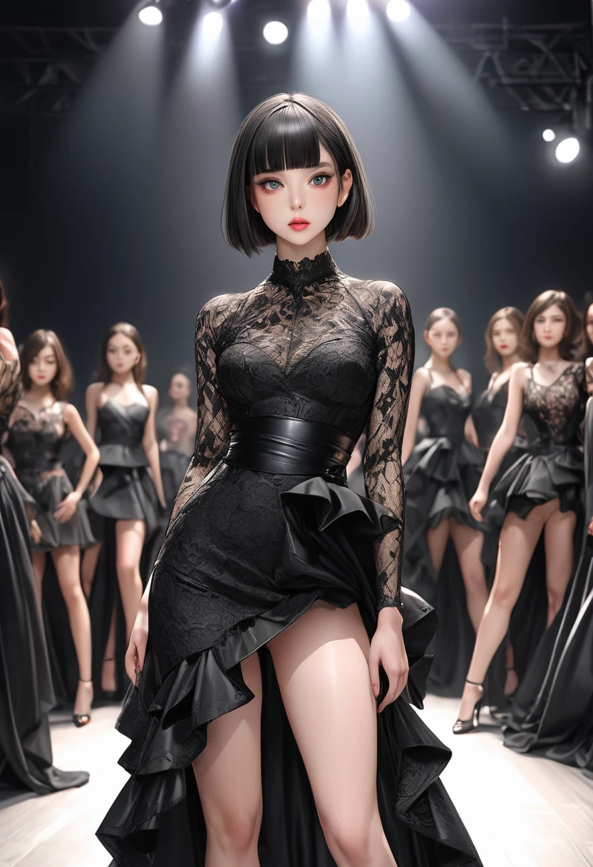 masterpiece: 1.2, highres, highest quality, 16k, ultra-realistic, photorealistic: 1.37, beautiful detailed, 1girl , solo, beautiful fashion model women, at avant-garde fashion show, Avant-garde fashion based on black lace, scenes of they pose on stage at fashion shows, beautiful posture, facial expressions, the way they walk, attractive poses, demeanor, full of confidence expression,short straight black bob, blunt bangs, detailed face and eyes, pupils, long eyelashes, full lips, beautiful posing