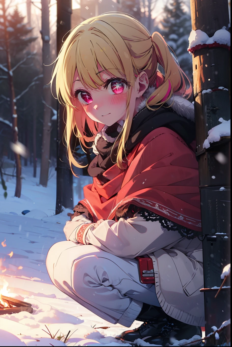 rubyhoshino, Hoshino Ruby, Long Hair, bangs, blonde, (Pink Eyes:1.3), Side Lock, (Symbol-shaped pupil:1.5), Multicolored Hair, Two-tone hair, smile,,smile,blush,white breath,
Open your mouth,snow,Ground bonfire, Outdoor, boots, snowing, From the side, wood, suitcase, Cape, Blurred, , forest, White handbag, nature, Squat, Mouth closed, Cape, winter, Written boundary depth, Black shoes, red Cape break looking at viewer, Upper Body, whole body, break Outdoor, forest, nature, break (masterpiece:1.2), Highest quality, High resolution, unity 8k wallpaper, (shape:0.8), (Beautiful and beautiful eyes:1.6), Highly detailed face, Perfect lighting, Highly detailed CG, (Perfect hands, Perfect Anatomy),