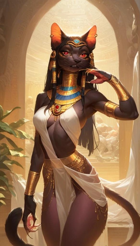 score_9, score_8_up, score_7_up, score_6_up, score_5_up, (thick lines:1.25),
photorealistic, anthro, Egypt, (Bastet, sphinx cat), goddess, female, onyx skin, Egyptian-themed bedroom, luxurious silk, golden jewelry, mesmerizing red eyes, mysterious aura, sharp claws, long nails