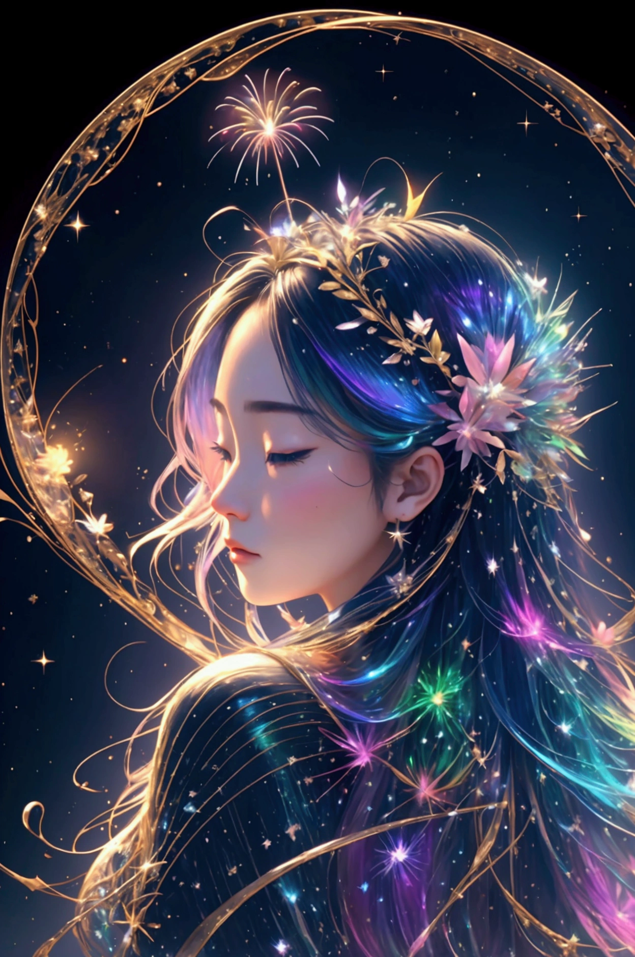 Countless rainbow-colored fireworks are launched、Iridescent幻想的なNight Sky、constellation,Mysterious Landscape、firework、firework大会、Iridescentfireworkが打ちあがっている瞬間、夜nullとともに、幻想的な海景色で壮大なfirework、future都市、Highest quality、masterpiece, (Diffuse reflection of light:1.2), When the fantastic rainbow turns into shadow, bathed in a mystical atmosphere.Cast magic spells. evoke a sense of wonder and awe. A fusion of natural grandeur and magic, Weaving dreams into reality. Behold, null, And the unknown, wonderful風景、 Iridescentconstellation、Iridescent空包み込まれそうな瞬間，When the stars shine in rainbow colors、Astronomical Observation、Planetarium、meteor、colorful，美しいconstellation、3D，wonderful景色，Night Sky，An atmosphere full of dreams and hope，masterpiece．16K, Ultra-high resolution, to be born,wonderful ,future、Iridescent、The world 30 years from now。