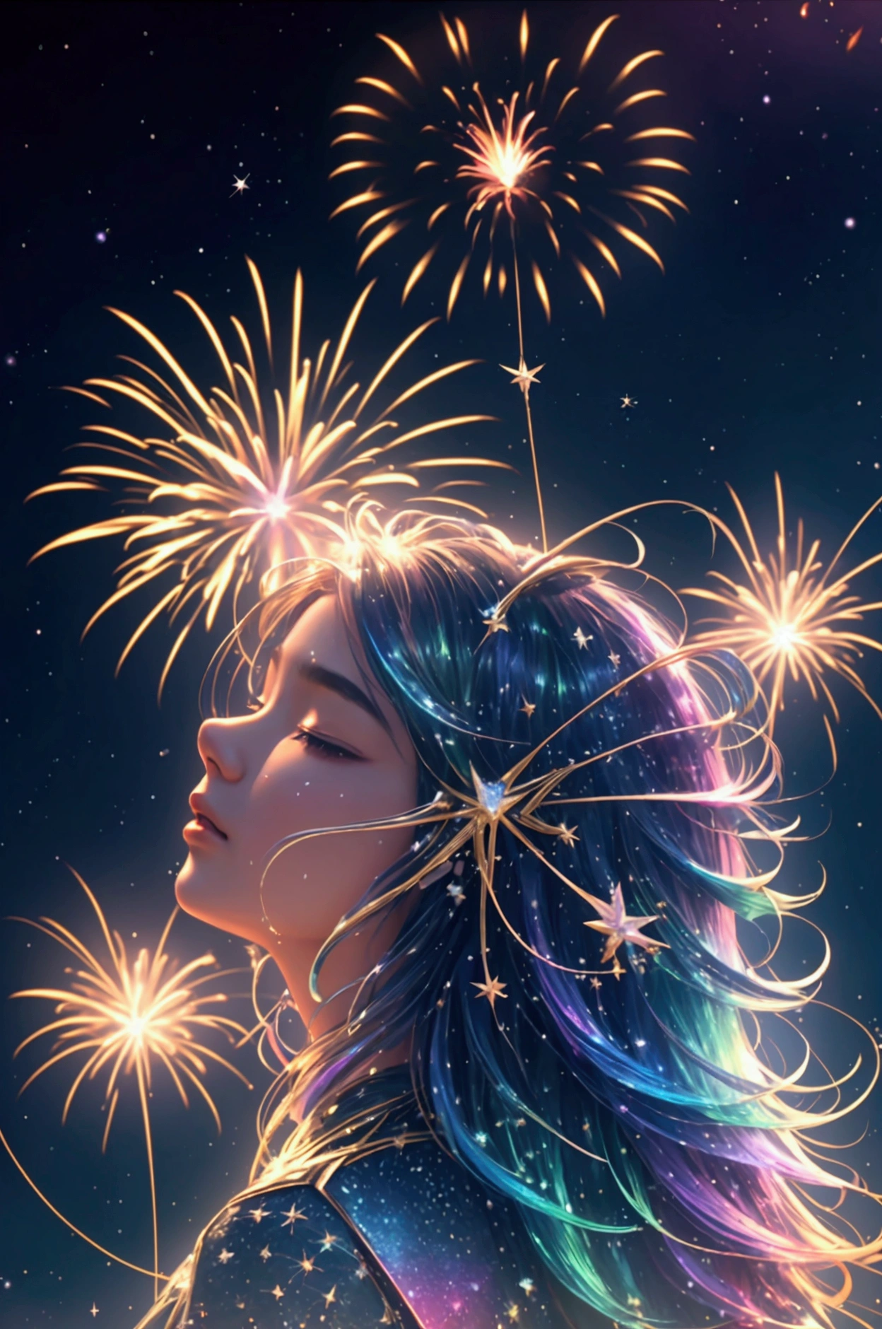 Countless rainbow-colored fireworks are launched、Iridescent幻想的なNight Sky、constellation,Mysterious Landscape、firework、firework大会、Iridescentfireworkが打ちあがっている瞬間、夜nullとともに、幻想的な海景色で壮大なfirework、future都市、Highest quality、masterpiece, (Diffuse reflection of light:1.2), When the fantastic rainbow turns into shadow, bathed in a mystical atmosphere.Cast magic spells. evoke a sense of wonder and awe. A fusion of natural grandeur and magic, Weaving dreams into reality. Behold, null, And the unknown, wonderful風景、 Iridescentconstellation、Iridescent空包み込まれそうな瞬間，When the stars shine in rainbow colors、Astronomical Observation、Planetarium、meteor、colorful，美しいconstellation、3D，wonderful景色，Night Sky，An atmosphere full of dreams and hope，masterpiece．16K, Ultra-high resolution, to be born,wonderful ,future、Iridescent、The world 30 years from now。