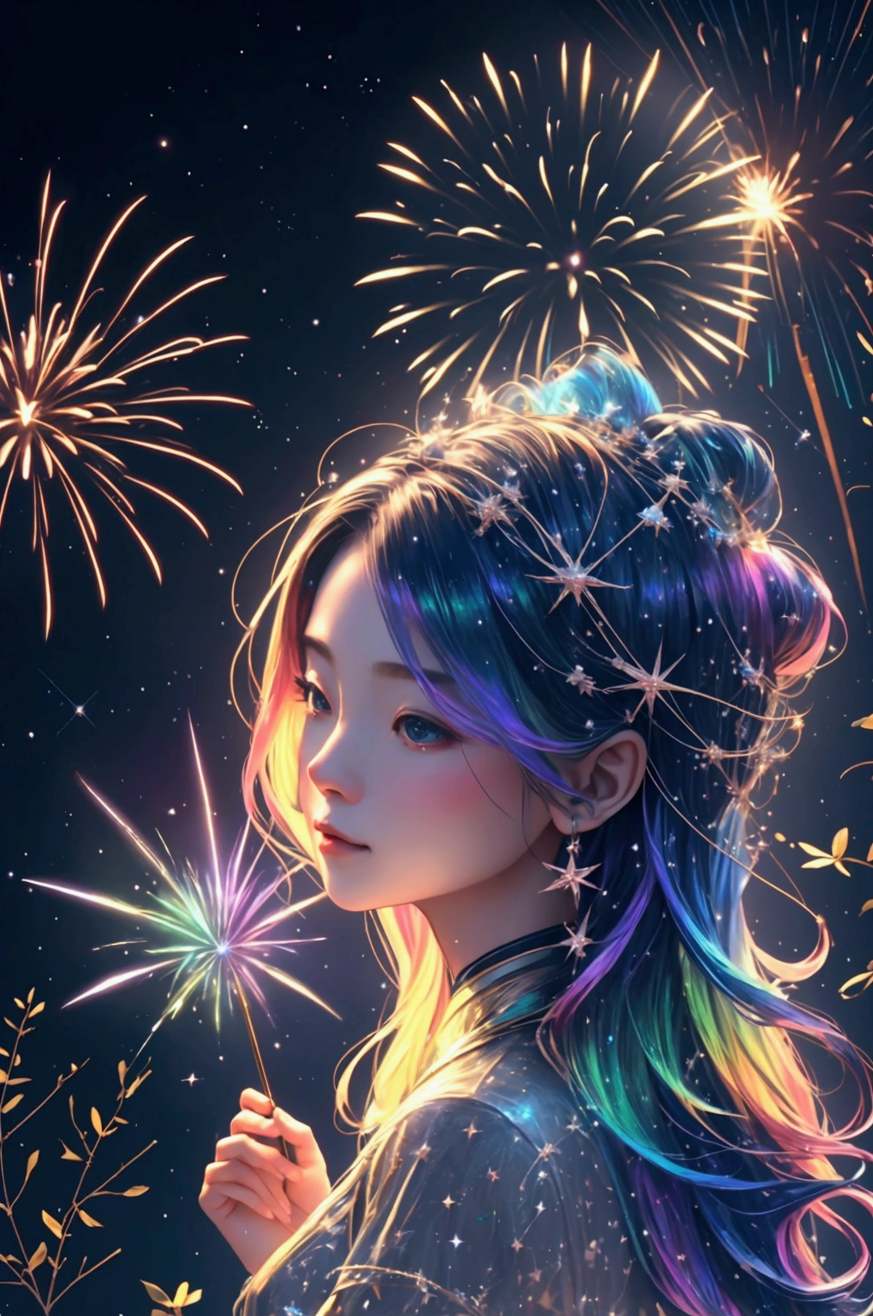 Countless rainbow-colored fireworks are launched、Iridescent幻想的なNight Sky、constellation,Mysterious Landscape、firework、firework大会、Iridescentfireworkが打ちあがっている瞬間、夜nullとともに、幻想的な海景色で壮大なfirework、future都市、Highest quality、masterpiece, (Diffuse reflection of light:1.2), When the fantastic rainbow turns into shadow, bathed in a mystical atmosphere.Cast magic spells. evoke a sense of wonder and awe. A fusion of natural grandeur and magic, Weaving dreams into reality. Behold, null, And the unknown, wonderful風景、 Iridescentconstellation、Iridescent空包み込まれそうな瞬間，When the stars shine in rainbow colors、Astronomical Observation、Planetarium、meteor、colorful，美しいconstellation、3D，wonderful景色，Night Sky，An atmosphere full of dreams and hope，masterpiece．16K, Ultra-high resolution, to be born,wonderful ,future、Iridescent、The world 30 years from now。