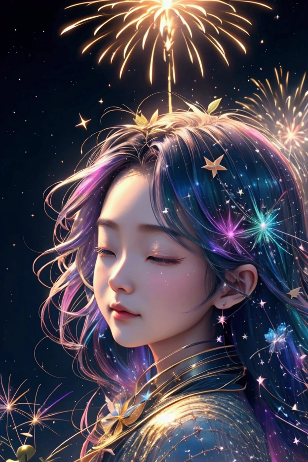 Countless rainbow-colored fireworks are launched、Iridescent幻想的なNight Sky、constellation,Mysterious Landscape、firework、firework大会、Iridescentfireworkが打ちあがっている瞬間、夜nullとともに、幻想的な海景色で壮大なfirework、future都市、Highest quality、masterpiece, (Diffuse reflection of light:1.2), When the fantastic rainbow turns into shadow, bathed in a mystical atmosphere.Cast magic spells. evoke a sense of wonder and awe. A fusion of natural grandeur and magic, Weaving dreams into reality. Behold, null, And the unknown, wonderful風景、 Iridescentconstellation、Iridescent空包み込まれそうな瞬間，When the stars shine in rainbow colors、Astronomical Observation、Planetarium、meteor、colorful，美しいconstellation、3D，wonderful景色，Night Sky，An atmosphere full of dreams and hope，masterpiece．16K, Ultra-high resolution, to be born,wonderful ,future、Iridescent、The world 30 years from now。