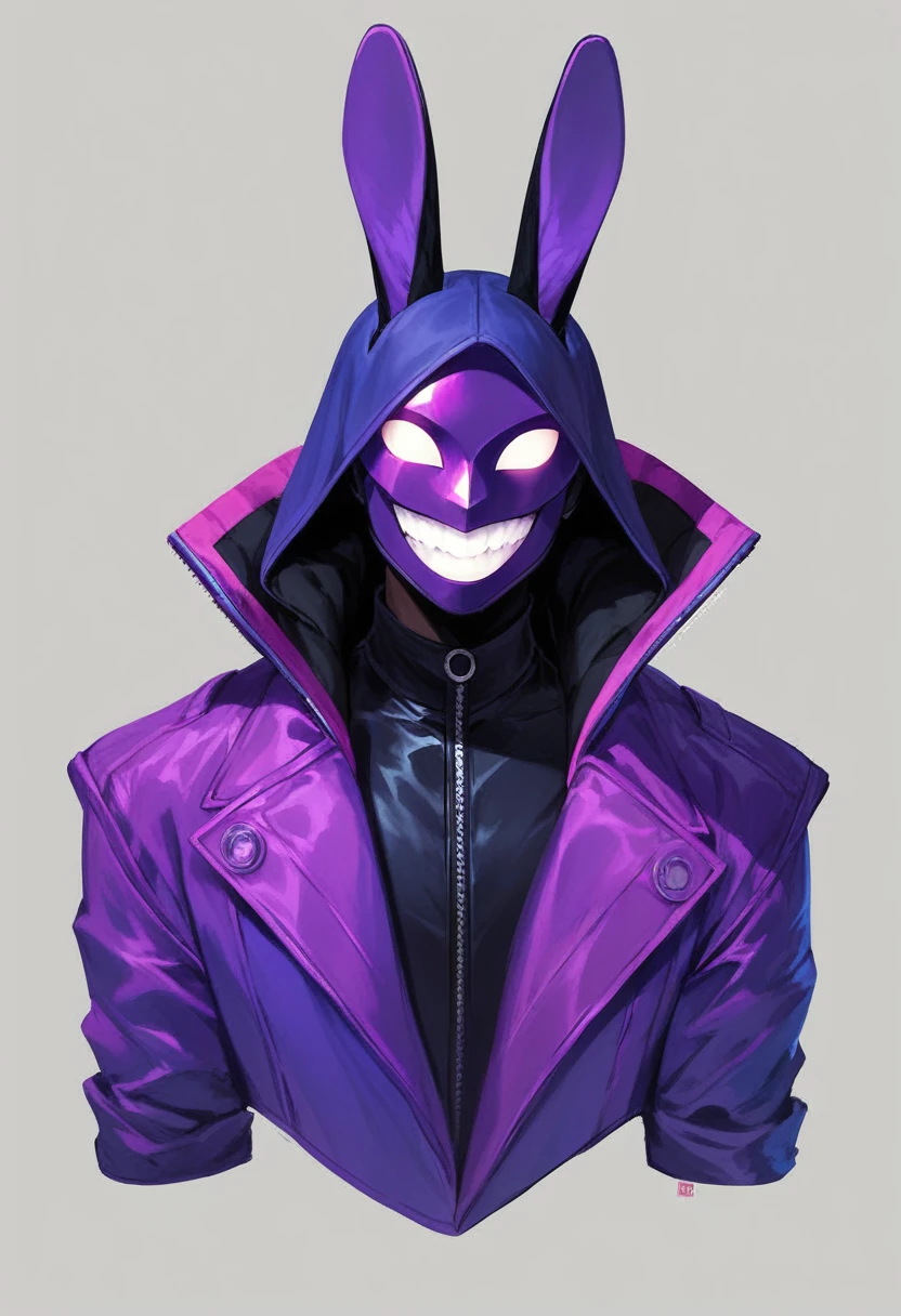 Concept ART Versions , human ,Purple mask, white Teeth ,big Smile ,Villain mask , Rabbit ears , Jacket