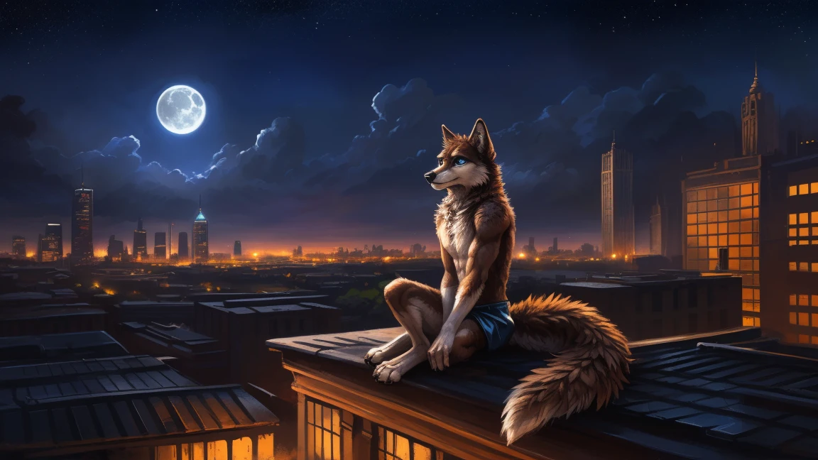 ((Solo)), male people, anthro wolf, (Multi-colored fur, White-brown:1.3), ((Wolf face, Big eyes, White eyelids, Blue pupil, Slim:1.2) (Tough, Calm expression:1.2)), (Height 2.1 meters,Tail length 1.5m), Abs, Slim, pinging, (Correct anatomy), (Contour bone:1.2), The upper body is naked, (detailed outfits), a long large tail,Feet,(Realistic fur, Detailed fur texture, labeled:1.3)), (Natural lighting), Photorealistic, Hyperrealistic, ultradetailed, by Kenket,In the modern city,Roof,the night,Sit alone,Look at the full moon,It was dark,Starry