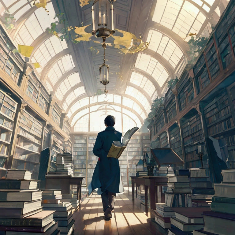 landscape scene。Countless books floating in the air、Space to fly freely。The man is enveloped in a soft glow that overflows from the pages of the book.。The innermost room of the library。The mystical atmosphere makes the entire library seem like a living entity.。