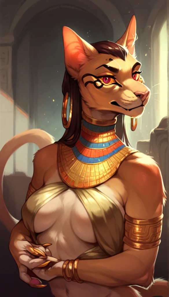 score_9, score_8_up, score_7_up, score_6_up, score_5_up, (thick lines:1.25),
photorealistic, anthro, Egypt, (Bastet, sphinx cat), goddess, female, onyx skin, Egyptian-themed bedroom, luxurious silk, golden jewelry, mesmerizing red eyes, mysterious aura, sharp claws, long nails