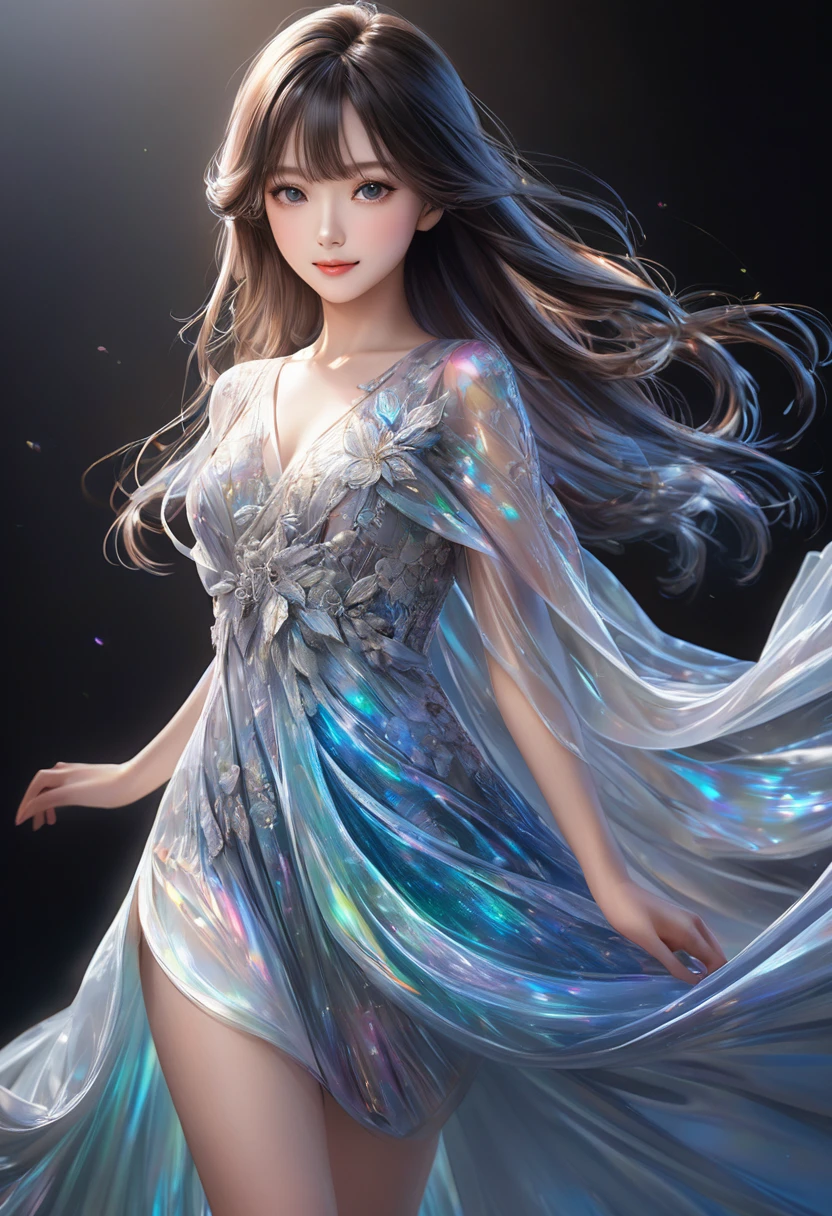 
                 Detailed and vivid depiction of beautiful girl posing as a model for photo (dynamic)棕色long hair女子 服装模特( perfect anatomy ) face detailed face. realistic eyes. The face and eyes are very detailed.


                       Delicate skin.、Delicate skin texture smile, long hair,  Fantasy fashion dress glow,, Elegant and flying silk holographic dress , 46-point slanted bangs, dark shadow background, black soft light, 

                           Professional photography master&#39;artwork, texture, complicated, Clear, High-quality masterpieces，Extremely complicated and exquisitely detailed,

                                  Super detailed, Super detailed digital art