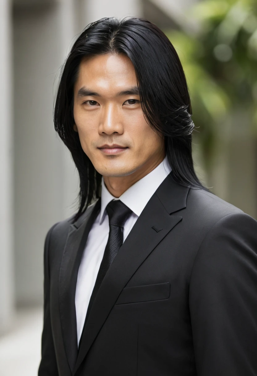 asian man, long black hair, black formal business suit