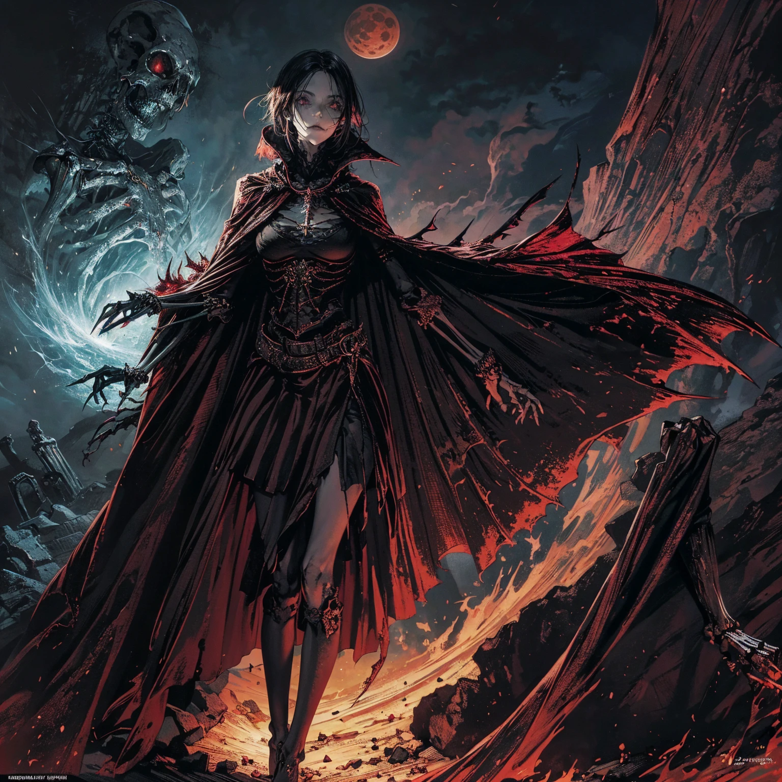 full-body shot, best quality, 4K, high resolution, masterpiece:1.2, Very detailed, actual:1.37, Mood lighting, An undead girl in a long cape, Torso and limb is skeleton bone but head is still beautiful human face, Wearing a ragged gothic skirt, Aloofness emotion, Dangerous sneer, Black Hair, Standing, Facing the camera, Crucified, Pitch black sky, Blood-red moon, strange atmosphere, Gothic style, Unforgettable beauty, Dramatic shadows, Ethereal Light, Mysterious atmosphere.