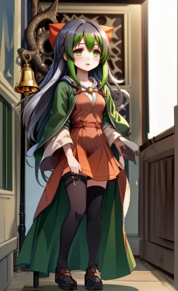 anime girl with green hair and green cape standing in front of a bell, anime moe artstyle,  girl, canime visual of a cute girl, dressed in a green robe, stylized anime, kantai collection style, high detailed official artwork, standing, orange fuzz shoes