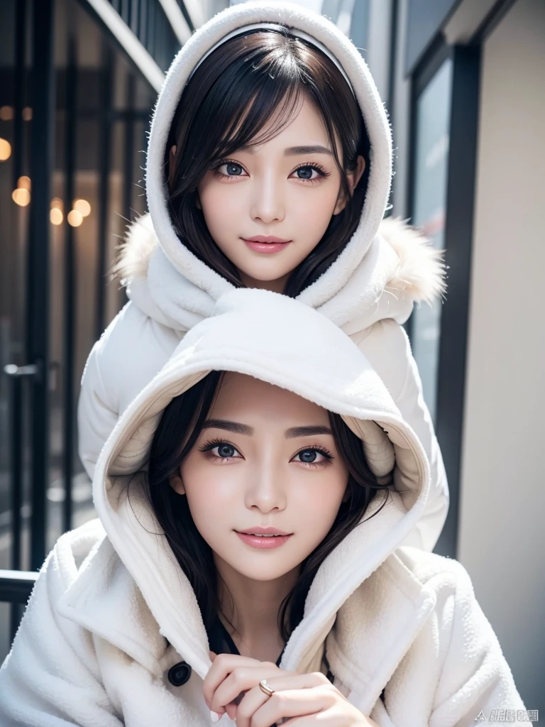 Non-NSFW、16K、Realistic、Highest quality、masterpiece、Ultra-high resolution、RAW Photos、Realistic、Bright lighting、Face Light、Smooth Professional Lighting、Looking into the camera、alone、Adult female、Beautiful woman、Super Beauty、Realistic肌、Moisturized Skin、Realistic eyes and faces、Perfect model body shape、Beautiful Eyes、Big eyes、Inconspicuous tear bags、slim、big breasts of medium size、Very good、Camel Toe、Beautiful fingers、Very short hair、Black Hair、black eye、Looks happy、(Both ears are hidden by hair)、(((long white coat)))、