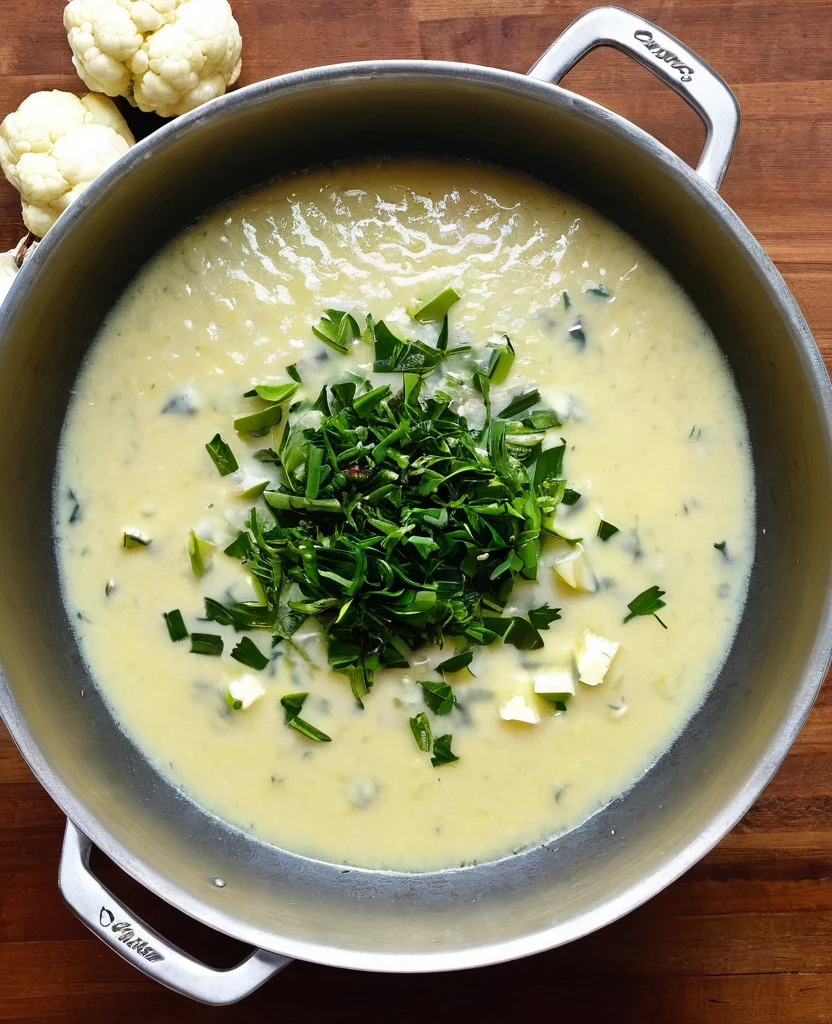 Cauliflower soup with blue cheese. INGREDIENTS 1 cauliflower 3 spoons (sop) crumbled French bleu d&#39;auvergne cheese 1 leek 2 potatoes 1 onion 3 cloves of garlic 750 ml homemade vegetable broth (3 cups [tea])
500 ml of milk (2 cups [tea])
2 spoons (sop) butter 2 bay leaves salt freshly ground black pepper to taste freshly grated nutmeg to taste French bleu d&#39;auvergne cheese to taste to serve almond crumble to taste to serve dill leaves (dill) to taste to serve olive oil to taste to serve CONTINUES AFTER SPONSORSHIP METHOD Discard the leaves and cut the cauliflower into medium florets; also cut the stem into medium pieces. Transfer to a large bowl, cover with water and wash well. Remove the cauliflower from the water instead of draining it - this way the dirt remains at the bottom of the bowl. Leave the cauliflower in the colander while you prepare the rest of the ingredients..
Cut the leek stalk into thin slices, transfer para uma peneira e lave bem sob água corrente. Wash and reserve the leaves.
Lave, Peel and cut the potatoes into pieces of about 1,5 cm — assim elas ficam bem macias para engrossar a sop. Peel and finely chop the onion and garlic cloves.
Place a large pan with butter over medium heat.. When it melts, add the onion and leek, tempere com uma pitada of salt e refogue por cerca de 4 minutos, until they are very soft. Add the garlic, bay leaves and leek leaves and stir for 1 minute to perfume.
Add the potatoes, the cauliflower and mix well. Drizzle with broth and milk, season with 1 spoon (tea) of salt, black pepper and nutmeg to taste and increase the heat.
As soon as small bubbles start to appear on the side, lower the heat, Put on the cap, keeping the pan ajar, and let it cook for about 20 minutes, or until the cauliflower is very tender.
Turn off the heat and, with tweezers, Fish out and discard the bay leaves and leeks.
Bata a sop em etapas: transfer 