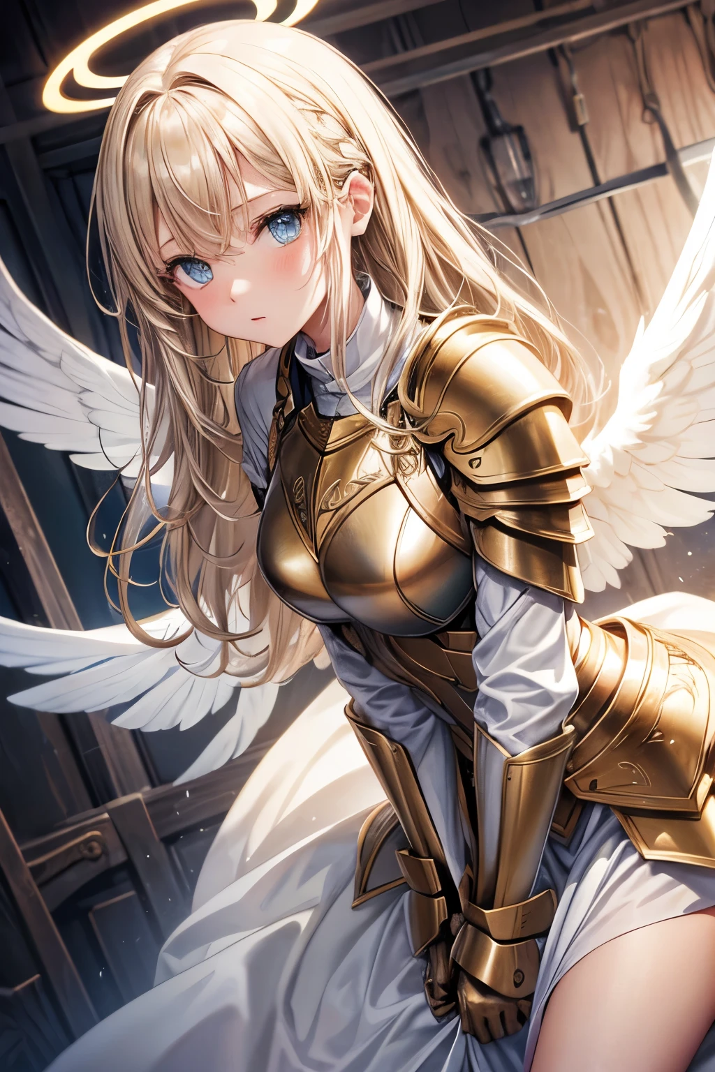 khaki hair，Girl，angel halo，Angel Wings，armor