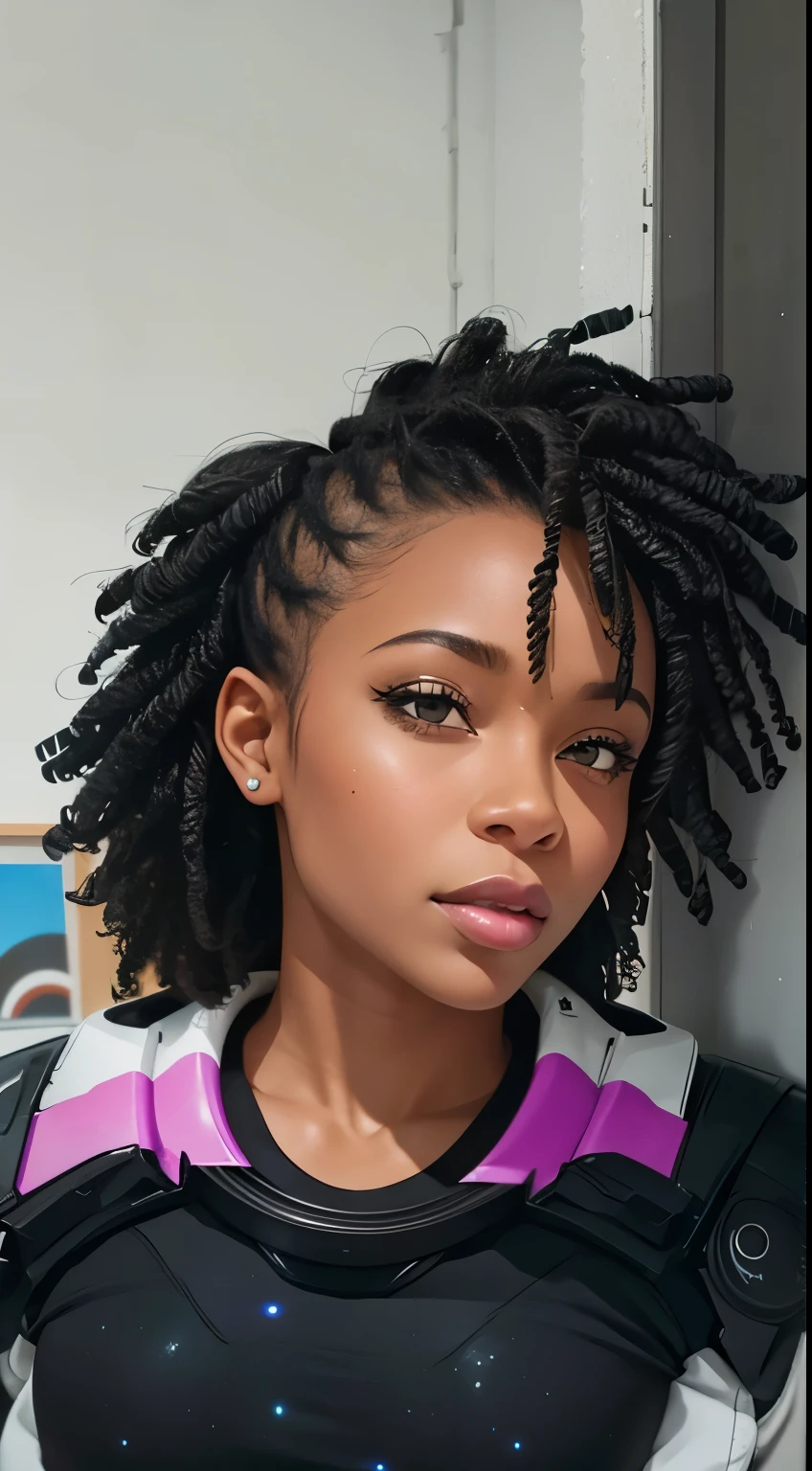 a black woman, with black eyes in the distant future. Insert a distant galaxy background