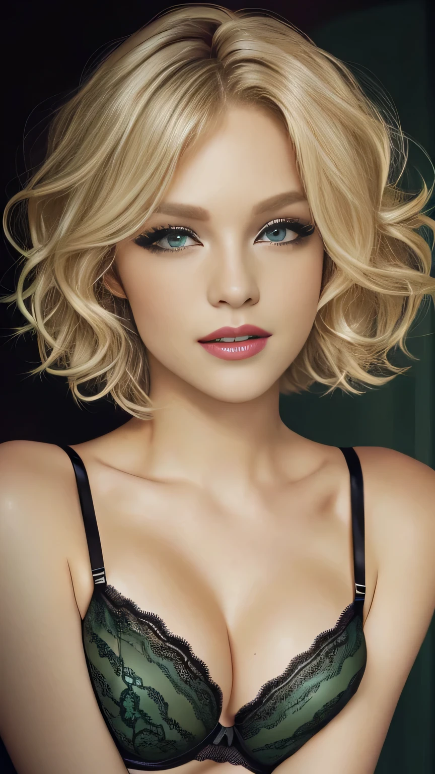 blond woman with short wavy hair, ((wearing black lingerie)), posing for a picture, blonde short wavy hair, short blonde hair, short blond hair, short blond hair, blonde and attractive features, blond bob haircut, a gorgeous blonde, medium short hair, short curly blonde haired girl, with short hair, a girl with blonde hair, short wavy blonde hair with bangs. ((Deep green eyes, extremely long eyelashes)). Make-up. Kelly Von East. EDGBODYL. Wearing edgbodyl lingerie.