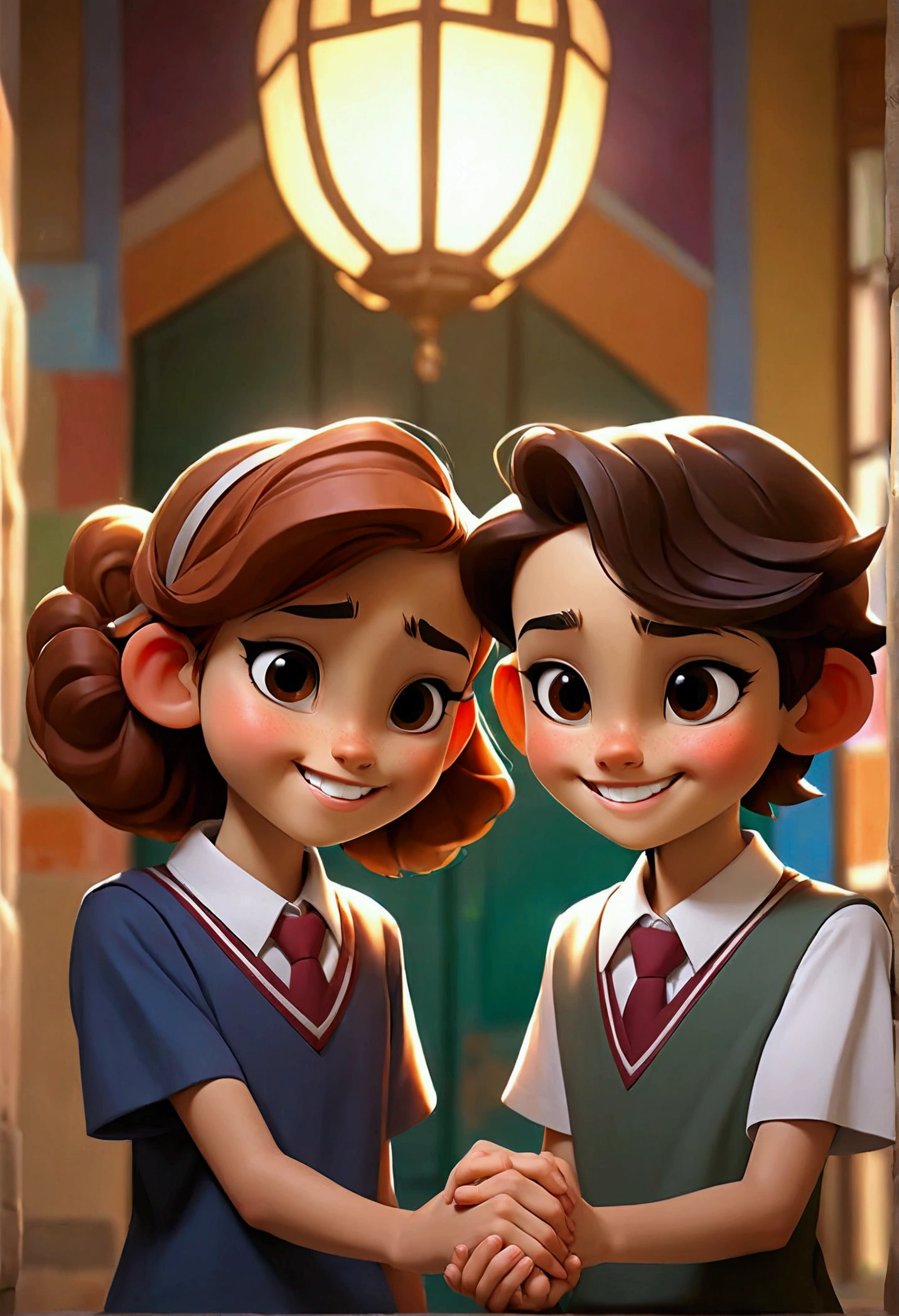 Smiling junior high school students holding hands