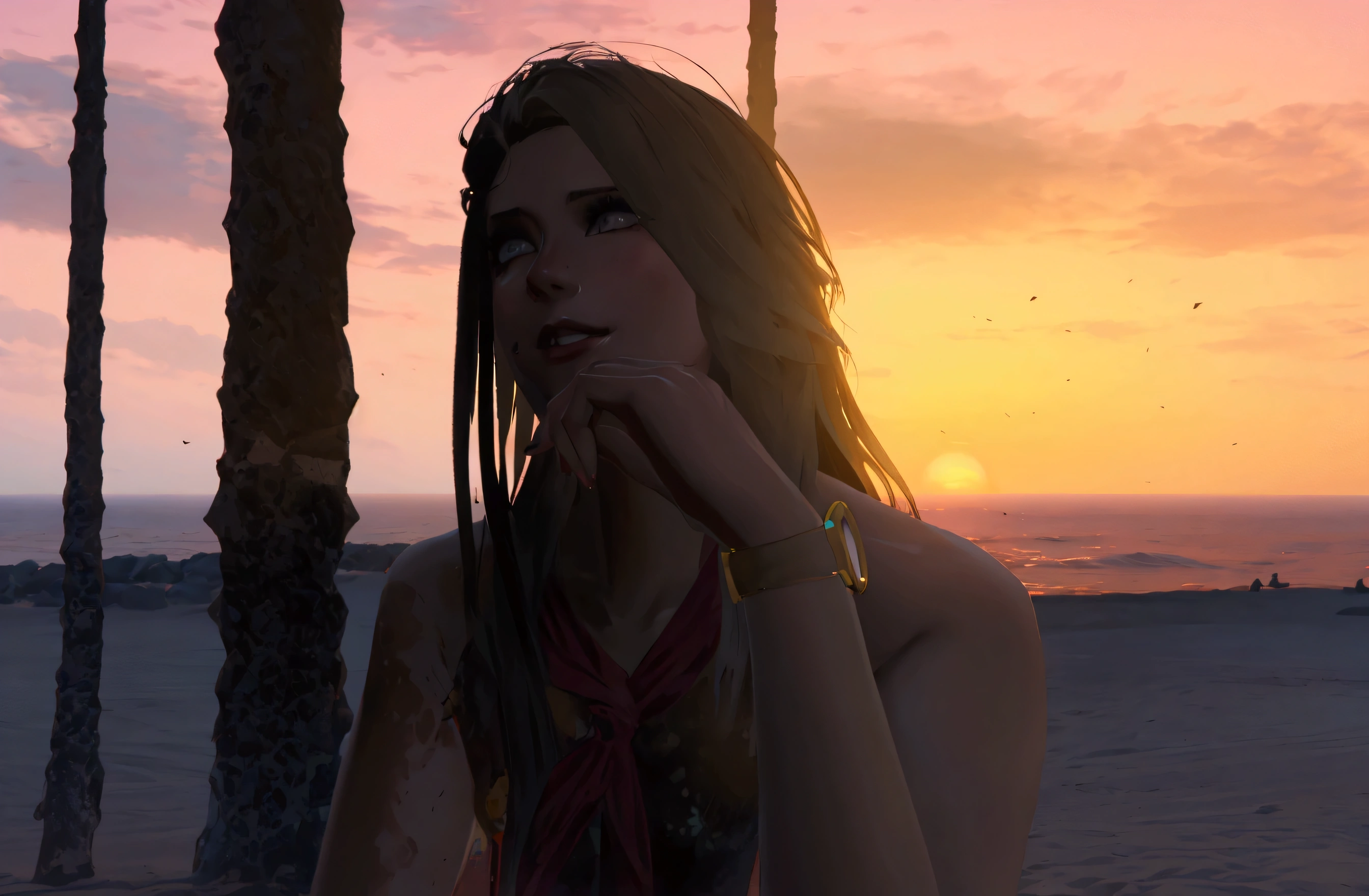 there is a woman that is standing in the sand with a sunset in the background, looking off into the sunset, sunset in background, sunset glow around head, with a sunset, sunset in the background, in a sunset haze, looking at sunset, ((sunset)), looking off into the distance, looking out at a sunset, gazing off into the horizon, watching the sunset