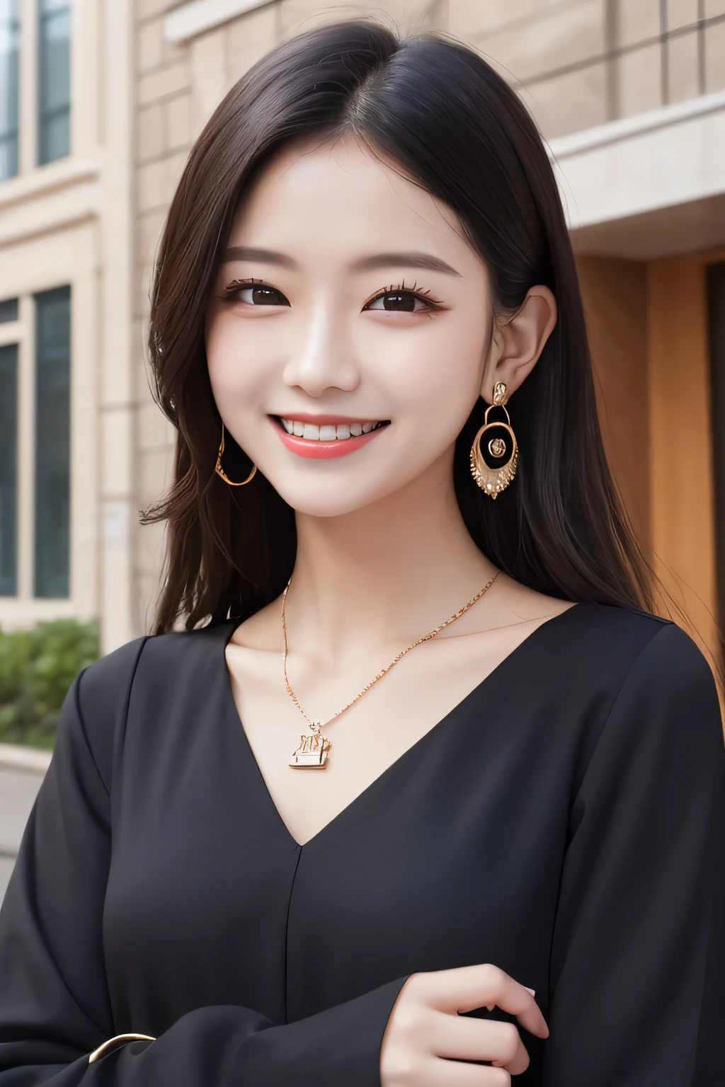 Highest quality, ,smile、Beautiful teeth alignment、Black Hair、Dark eyeliner、、Long sleeve blouse、ear piercing、necklace, , Face Focus、The background is the building's corridor.