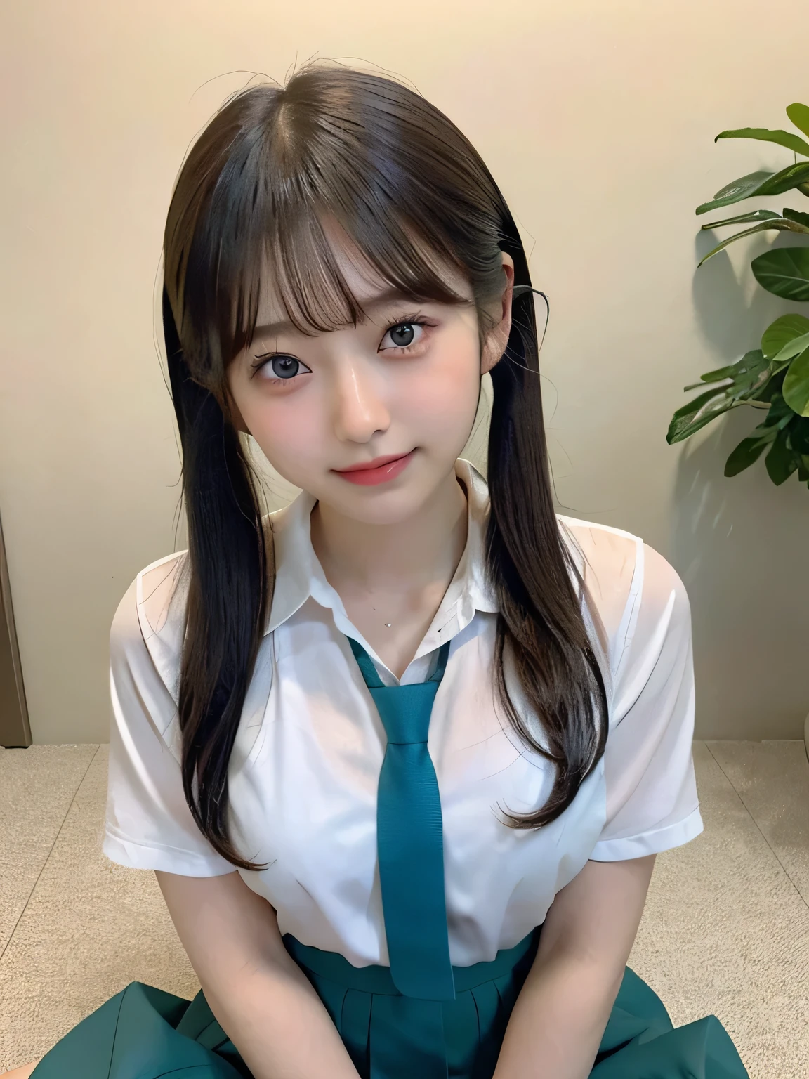 Japanese Girls、-yeld giShort Twin Tails、bangs、Brown eyes、Perfect figure、Transparency、Gloss、Glamorous breasts、、Blue tie、White shirt、Green Skirt、Hirotake、Burning body、Gravure idol pose、Light blue wall、Beautiful feet、Strong sunlight、dirty、雨にWet体、Wet,Sitting in a chair、I can see your thighs、smile