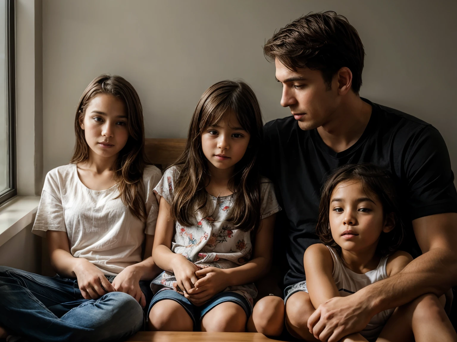 A family, young daddy with 4 children. 3 older brother and one Little sister. Illustration