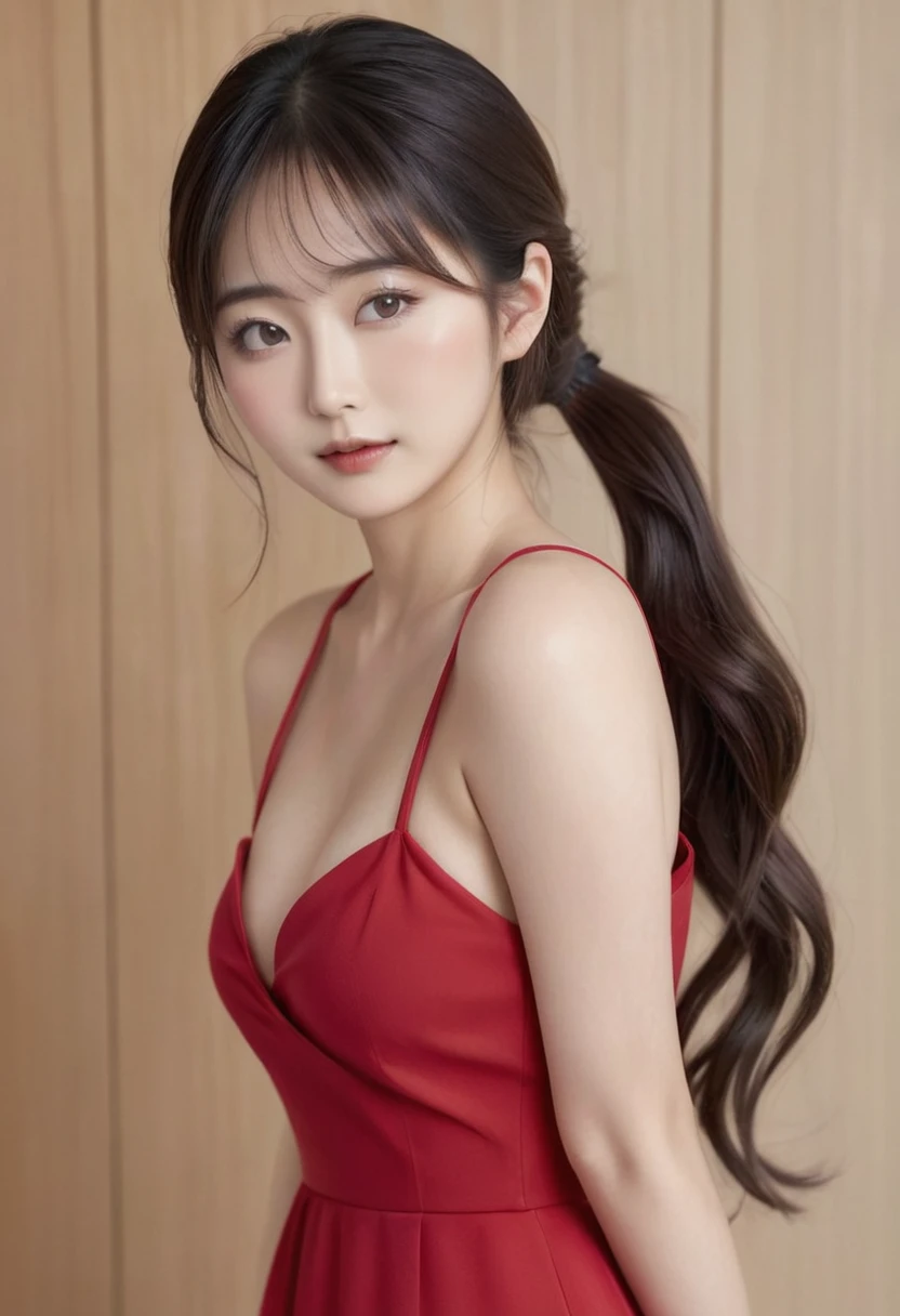 masterpiece, best quality, high resolution, photorealistic, 8k natural skin, beautiful face and eyes, 1 Japanese woman, beautiful lady, age 25, (from front, full body:1.5), curvy body, cleavage, wearing red long party dress, very long wavy hair, ponytail,  