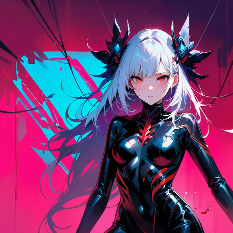 masterpiece, best quality, 8K, Digital painting, 1 girl, solo, stand up, youth, White hair, long white hair, hair accessories, red eyes, round pupils, Emotionless expression, blood stains, Mechanical Parts, electric wire, cable, failure effect, horrifying, science fiction, futuristic, Dark inside the background, neon lights, cyberpunk characters, Surreal, weird, Disturbing, spine-chilling, horrifying, jumpsuit,Red eyes,Venom Possession,blackened,Long black gloves,One-piece Pants,tight latex bodysuit,Highlight her graceful figure,wrap the whole body,symbiont,((Raised sexy)),jumpsuit,Red eyes,Venom Possession,blackened,Long black gloves,One-piece Pants,Black latex clothing,Blood-red eyes,best quality, High resolution, Super detailed, Vivid textures, mask, tight latex bodysuit, Bangs,purple hair, blue eyes