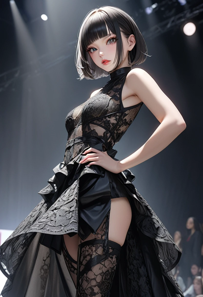 masterpiece: 1.2, highres, highest quality, 16k, ultra-realistic, photorealistic: 1.37, beautiful detailed, 1girl , solo, beautiful fashion model women, at avant-garde fashion show, Avant-garde fashion based on black lace, scenes of they pose on stage at fashion shows, beautiful posture, facial expressions, the way they walk, attractive poses, demeanor, full of confidence expression,short straight black bob, blunt bangs, detailed face and eyes, pupils, long eyelashes, full lips, beautiful posing, from side below