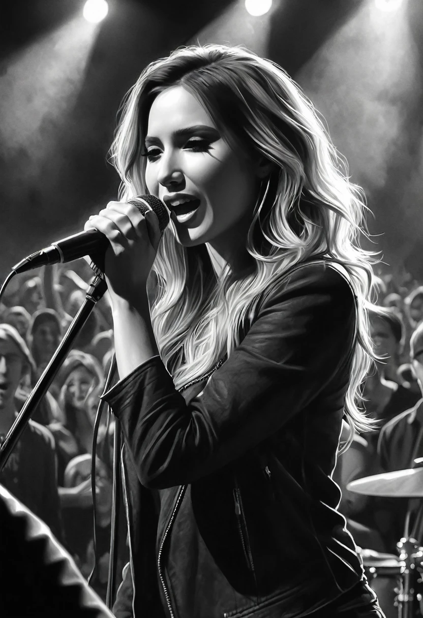 Charcoal Pencil Drawing, Black and White, Artwork, Create a digital painting, 4K, Highest quality,  Rock concert audience,Sing with a microphone