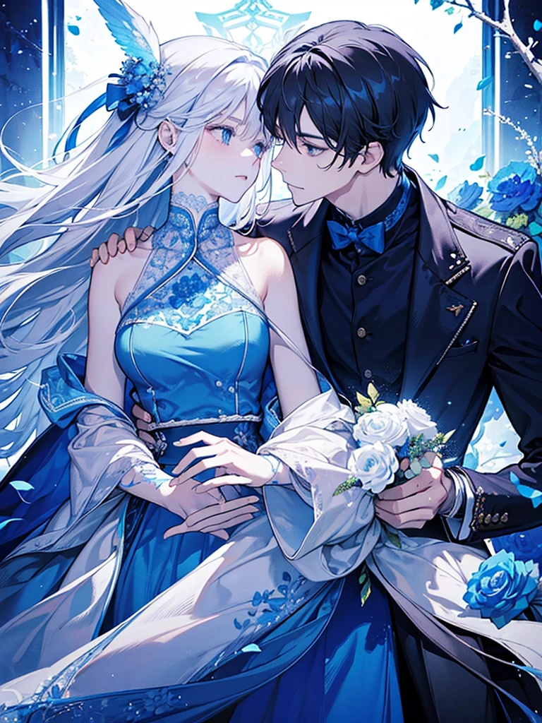 Create a stunning couple image for a cover picture. The boy should have striking white hair, wearing a sleek white t-shirt and a stylish white blazer, with captivating sky-blue eyes. The girl should have beautiful brown hair, flowing naturally, and wearing a soft, elegant outfit that complements the boy's attire. They should be standing close together, sharing a moment of gentle connection. In the background, incorporate an intricate design of blue flowers and soft, glowing light to create a serene and enchanting atmosphere. The overall aesthetic should be dreamy and romantic, perfect for a captivating cover picture.