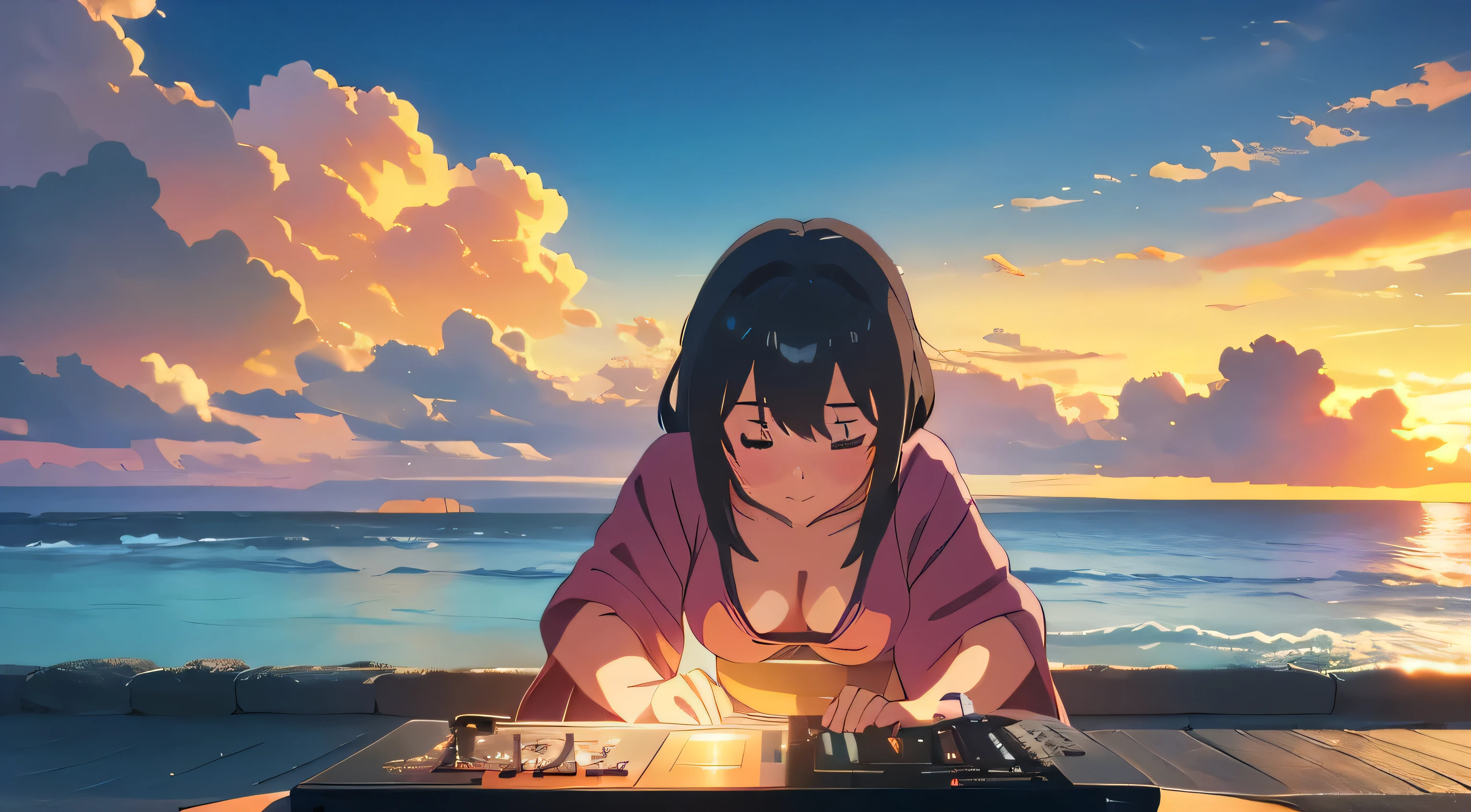 Japan, summer, sunset, beautiful beach, DJ booth with lots of DJ machines, beautiful Japanese woman DJing, happily playing in swimming costume, 2D animation style, 90s animation aesthetic, lo-fi, high detail, low angles, Fujifilm mix, Hyperrealistic, 8K, masterpiece.