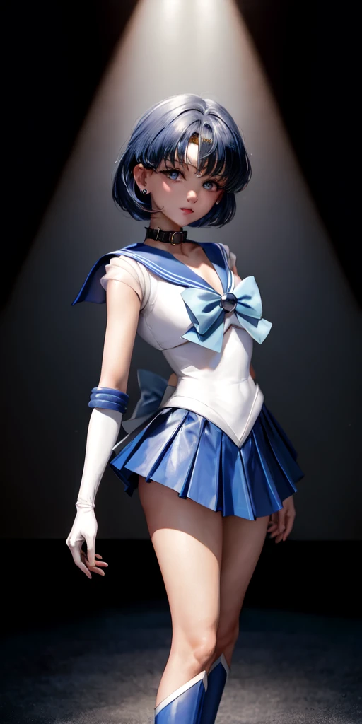 masterpiece, best quality, high resolution, See more1, Headdress, Sailor Soldiers, Blue Skirt, Blue Sailor collar, Headdress, bow, Knee-high boots, collar, White gloves, Blue collar, elbow bag, Jewelry, earrings, Pleated Skirt, Cowboy photography, of room, background(85mm lens), Face-to-face camera,Frontal standing posture,Full body image