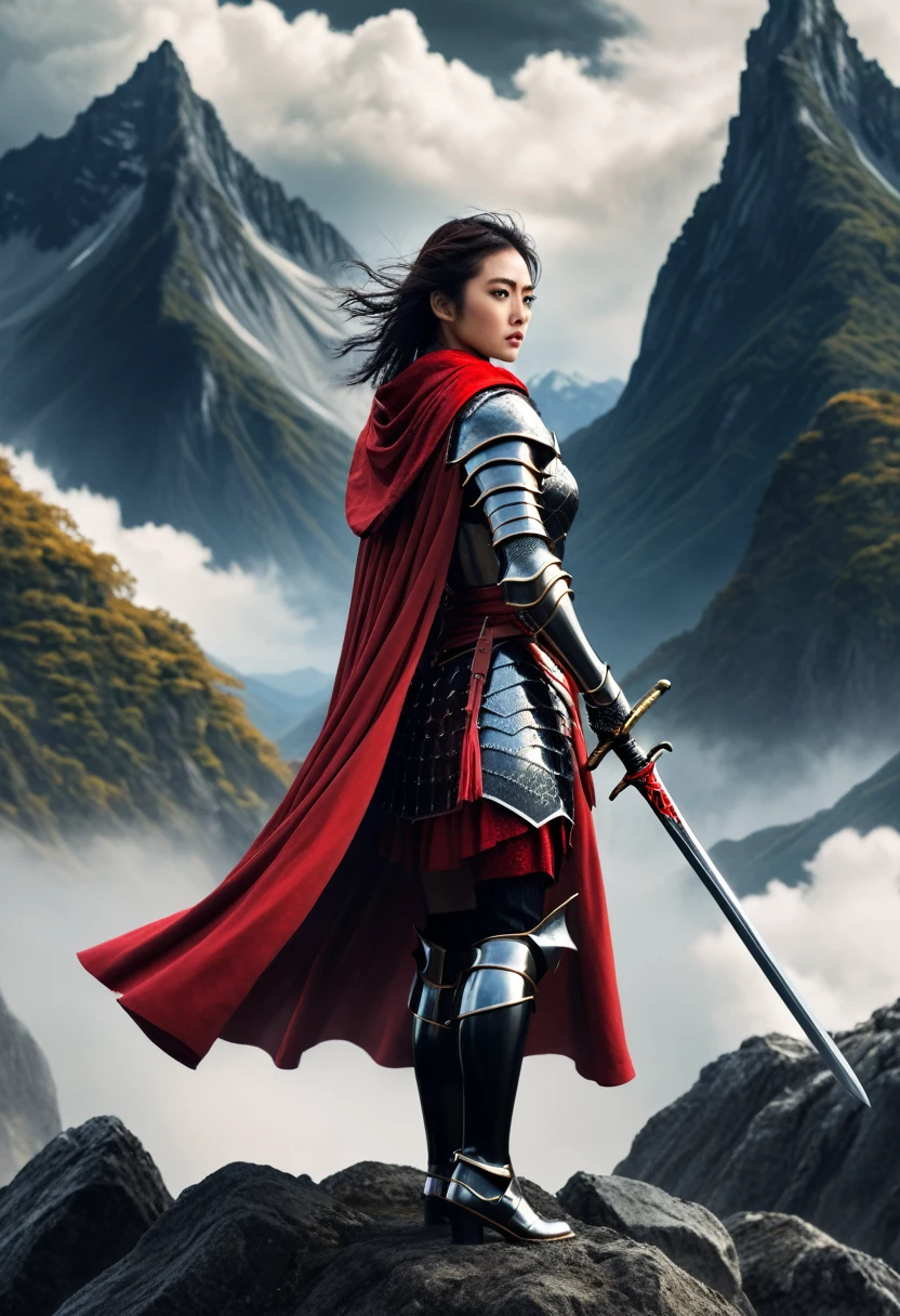 A beautiful, powerful female knight in a striking red and black costume, standing tall and proud, her expression determined and fierce. She wears intricate armor with flowing capes, wielding a sharp sword in one hand. The background depicts a dramatic, fantastical landscape with mountains and clouds, adding to the epic, mystical atmosphere. Highly detailed, cinematic, and in the style preferred by Japanese audiences.
