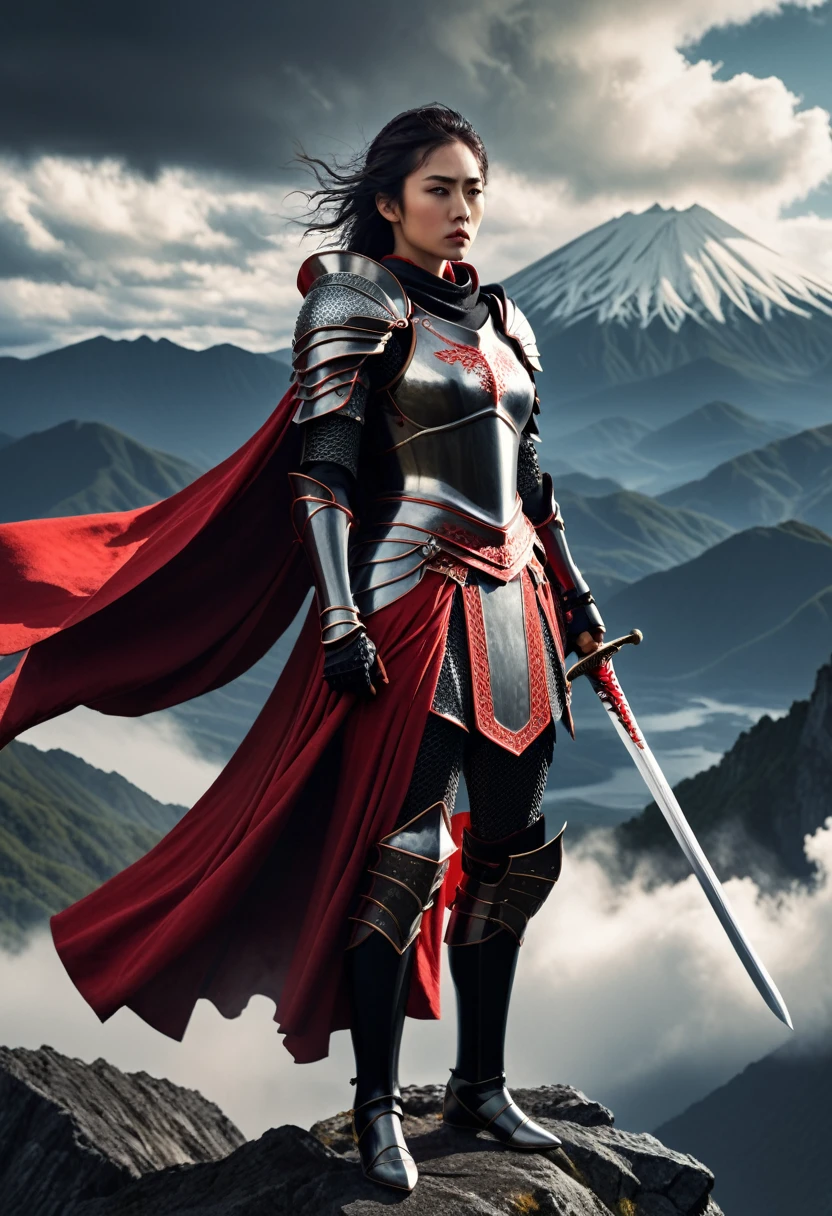 A beautiful, powerful female knight in a striking red and black costume, standing tall and proud, her expression determined and fierce. She wears intricate armor with flowing capes, wielding a sharp sword in one hand. The background depicts a dramatic, fantastical landscape with mountains and clouds, adding to the epic, mystical atmosphere. Highly detailed, cinematic, and in the style preferred by Japanese audiences.