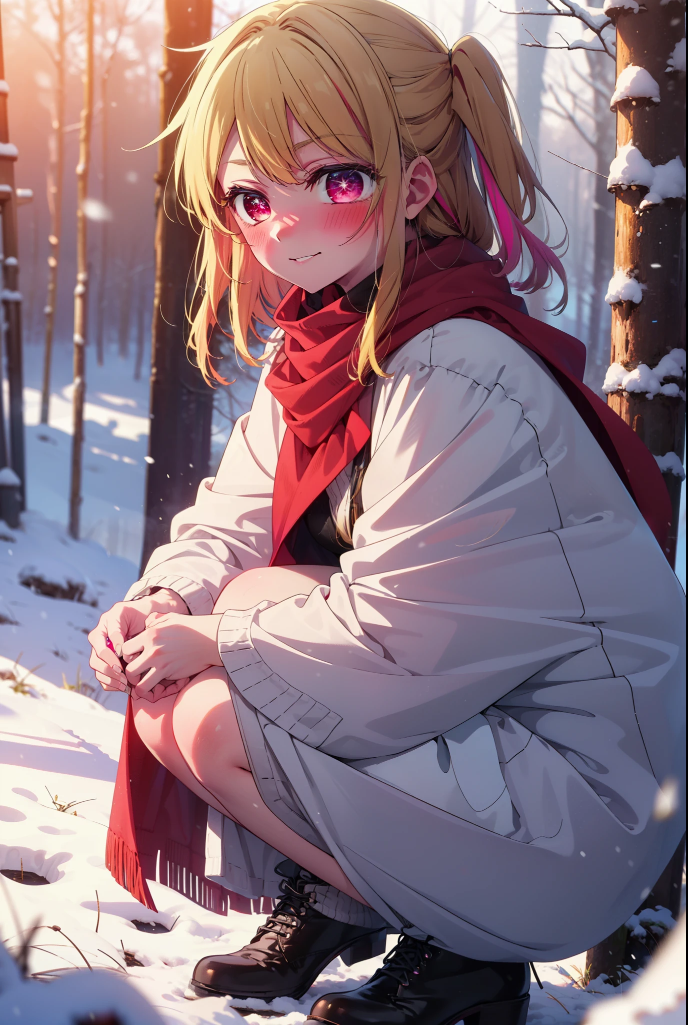 rubyhoshino, Hoshino Ruby, Long Hair, bangs, blonde, (Pink Eyes:1.3), Side Lock, (Symbol-shaped pupil:1.5), Multicolored Hair, Two-tone hair, smile,,smile,blush,white breath,
Open your mouth,snow,Ground bonfire, Outdoor, boots, snowing, From the side, wood, suitcase, Cape, Blurred, , forest, White handbag, nature,  Squat, Mouth closed, Cape, winter, Written boundary depth, Black shoes, red Cape break looking at viewer, Upper Body, whole body, break Outdoor, forest, nature, break (masterpiece:1.2), Highest quality, High resolution, unity 8k wallpaper, (shape:0.8), (Beautiful and beautiful eyes:1.6), Highly detailed face, Perfect lighting, Highly detailed CG, (Perfect hands, Perfect Anatomy),