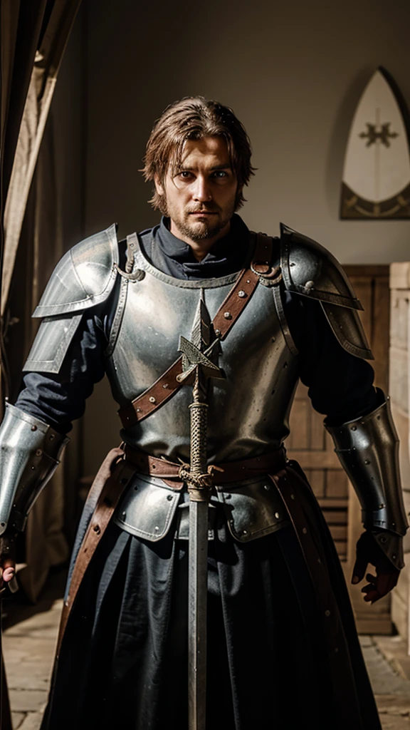 Germanic knight with sword looking at the viewer,