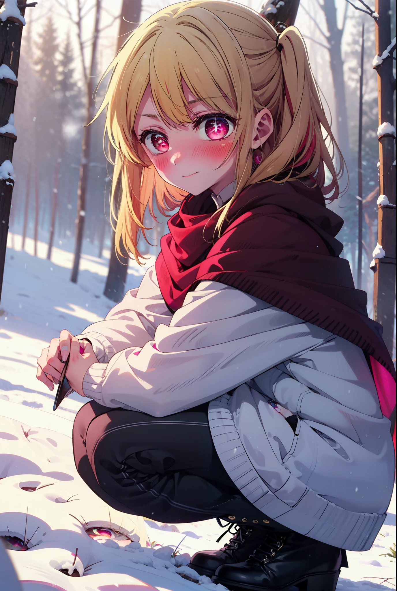 rubyhoshino, Hoshino Ruby, Long Hair, bangs, blonde, (Pink Eyes:1.3), Side Lock, (Symbol-shaped pupil:1.5), Multicolored Hair, Two-tone hair, smile,,smile,blush,white breath,
Open your mouth,snow,Ground bonfire, Outdoor, boots, snowing, From the side, wood, suitcase, Cape, Blurred, , forest, White handbag, nature,  Squat, Mouth closed, Cape, winter, Written boundary depth, Black shoes, red Cape break looking at viewer, Upper Body, whole body, break Outdoor, forest, nature, break (masterpiece:1.2), Highest quality, High resolution, unity 8k wallpaper, (shape:0.8), (Beautiful and beautiful eyes:1.6), Highly detailed face, Perfect lighting, Highly detailed CG, (Perfect hands, Perfect Anatomy),