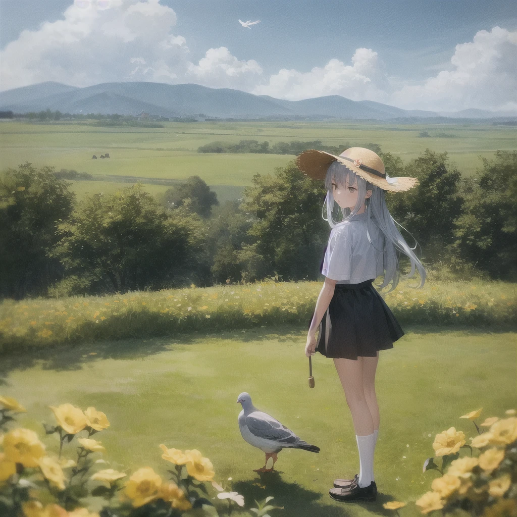 (masterpiece, Highest quality, Very detailed), Official Art, Very detailed CG ユニティ 8k 壁紙, figure, Wide Shot, [Standing in a flower field], (One girl, alone), Canada, (Big straw hat:1.2), Depth of written boundary, Sunburn , Black Skirt, White socks, Holding flowers, elegant, sad, Expressionless, (Flying pigeon), curtained hair, Hair behind the ear, [[[Silver Hair , Gray Hair,  Blue Hair, Purple Hair]]], Perfect Face, lake, holy, countryside, revenge, Heavenly Feel, , 15 yfew clouds but a clear sky, (Style your hair, put your hands in your hair), Mountain Horizon,  Falling small feather, Holiness, Recall, Height difference