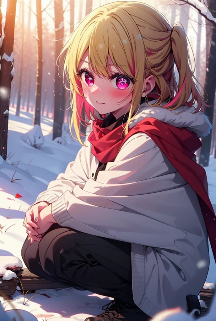 rubyhoshino, Hoshino Ruby, Long Hair, bangs, blonde, (Pink Eyes:1.3), Side Lock, (Symbol-shaped pupil:1.5), Multicolored Hair, Two-tone hair, smile,,smile,blush,white breath,
Open your mouth,snow,Ground bonfire, Outdoor, boots, snowing, From the side, wood, suitcase, Cape, Blurred, , forest, White handbag, nature,  Squat, Mouth closed, Cape, winter, Written boundary depth, Black shoes, red Cape break looking at viewer, Upper Body, whole body, break Outdoor, forest, nature, break (masterpiece:1.2), Highest quality, High resolution, unity 8k wallpaper, (shape:0.8), (Beautiful and beautiful eyes:1.6), Highly detailed face, Perfect lighting, Highly detailed CG, (Perfect hands, Perfect Anatomy),