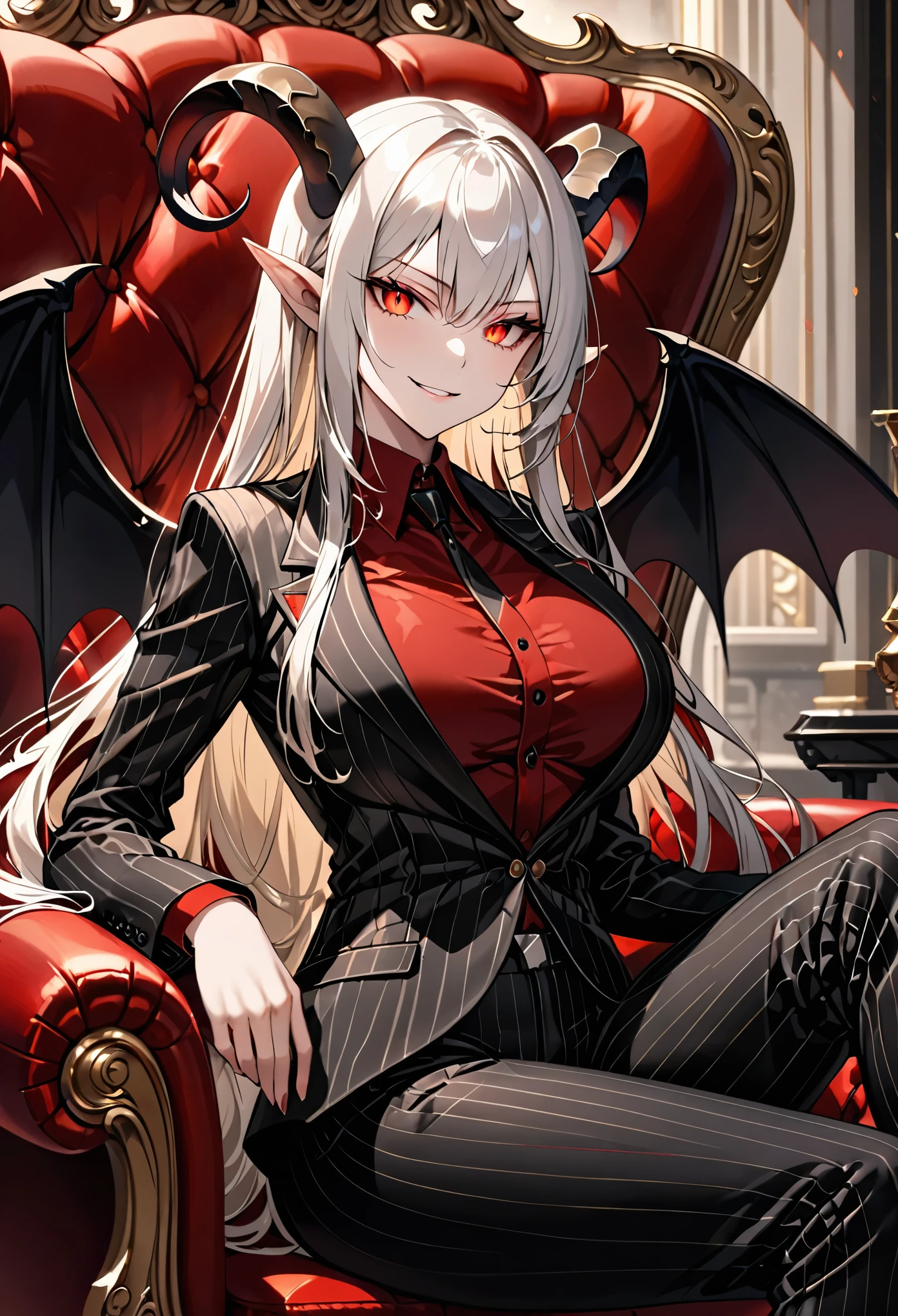 solo, female, long white hair, straight hair, black goat horns, short pointed ears, red eyes, slit pupils, large breasts, tall, black male business suit, red shirt, spade tail, black demon wings, pinstripe suit, pinstripe pants, smirk, luxurious, red leather sofa chair, velvet, curvaceous, warm, close up, fur collar jacket:1.4, smoky atmosphere