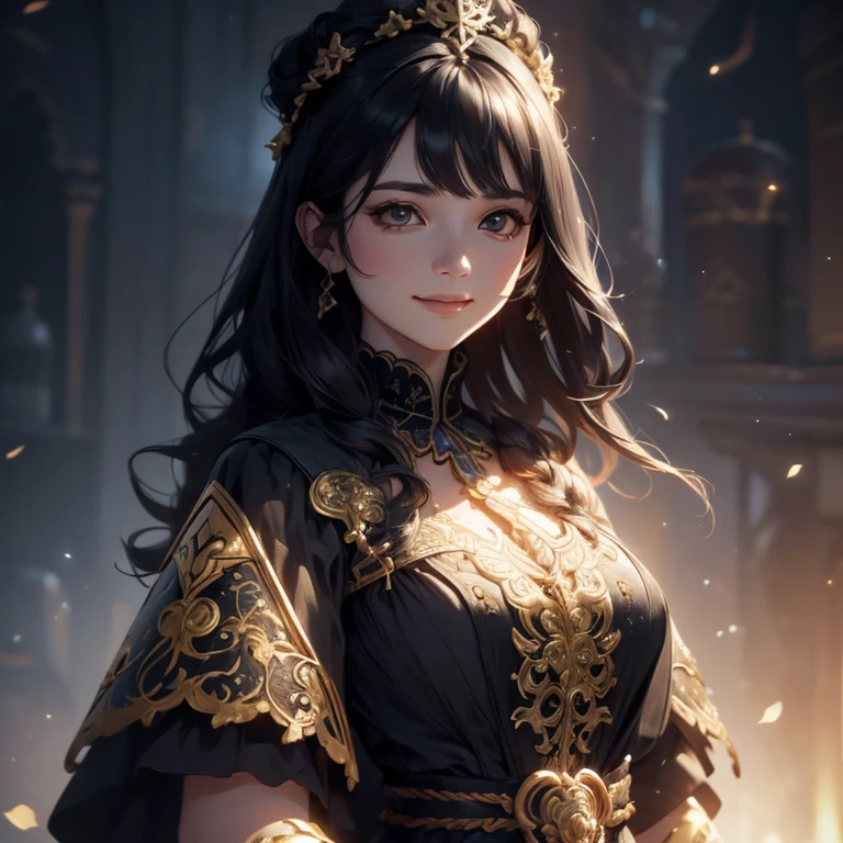 (artwork:1.4), (best quality:1.4), fantasy, extremely detailed, Intricate, hyper detailed illustration, soft lighting, 1 woman, black hair, Queen, fold_over, mature, (Perfect_Face), Standing, Ornate, Intricate, Dramatic Lighting, 4K, Detailed_Background, Caustic, Full_Body, Digital_Illustration, From_Side