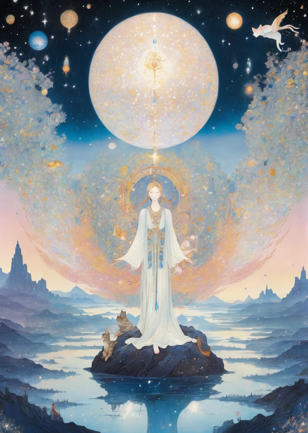 A goddess with a gigantic body、 Beautiful appearance、 Surrealism、Cats are surrounding me、 night、 milky way 、dream-like, Folklore, magic, orientalism, Romanticism
(An illustration:Kay Nielsen、Ryan McGinley、Pipilotti Cross)、Soft colorasterpiece、Highest quality、
