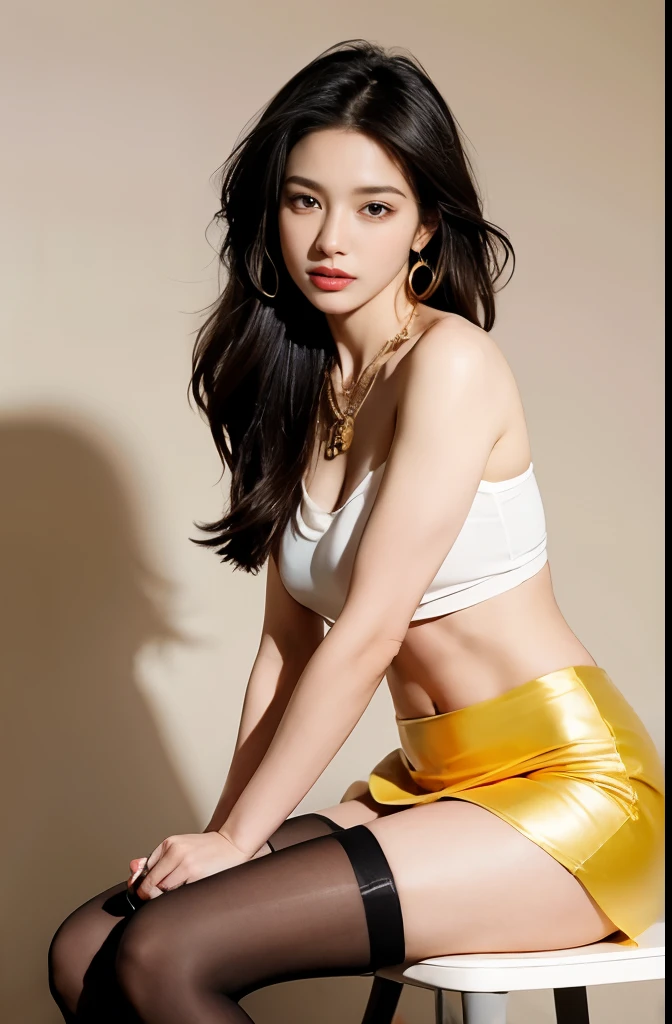 (8K, Highest quality, Ultra-high resolution、masterpiece、Raw photo)、Portrait, Ultra high resolution raw color photos, Professional photos、(Realistic, Real photo),(1 person)、(Delicate face、Detailed face and eyes、High definition eyes、double eyelid、Glossy lips)、Beautiful woman with perfect body、Full body image, Glowing Skin、Dark brown hair、Large Breasts、Sharp long legs、(Happy expression)、(Yellow high-neck all-lace long dress:1.2)、(silk pantyhose)、High heels、Sitting pose, High-definition skin texture、Night in the background、Wind、Starry Sky、moon、(Perfect body、Two perfect legs、Detailed shoes、Perfect ???????、Anatomically correct)
