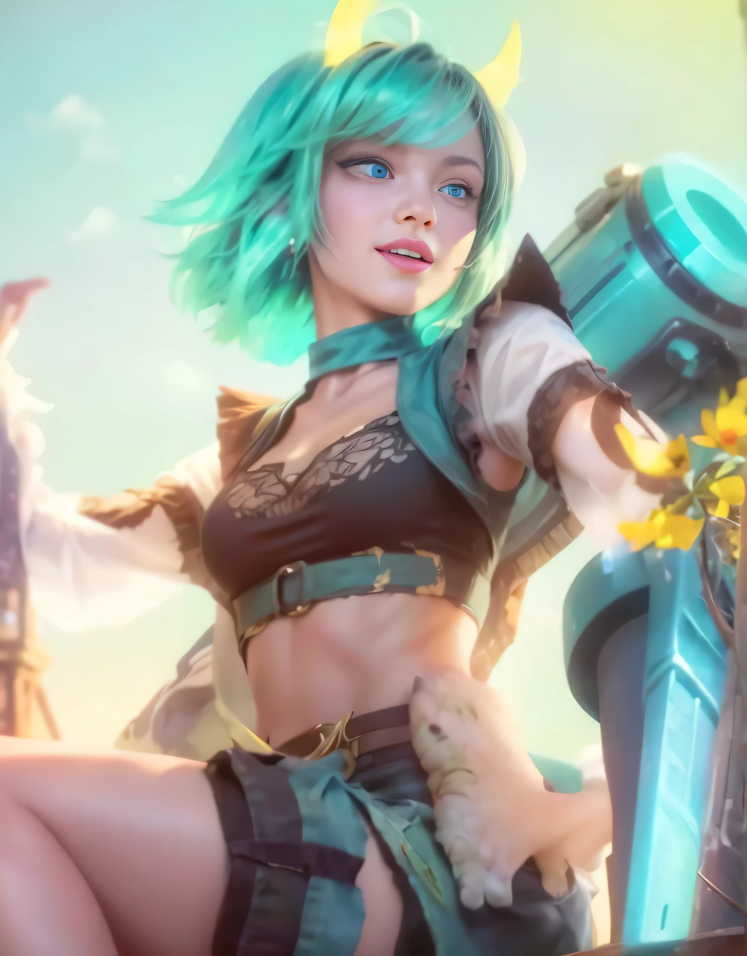 Best Quality, hight resolution, and18, 1girl in, Android 18, Solo, Blonde hair, Blue eyes, Short hair, Lovely smile，earrings, Jewelry, Denim Vest, open vest, Black Sports Bra, Jeans miniskirt, Blue mini skirt, tiny chest, Cowboy Shot, Pose with your buttocks sticking out and turning around，Street, (Externally expanded Chest: 1.2)