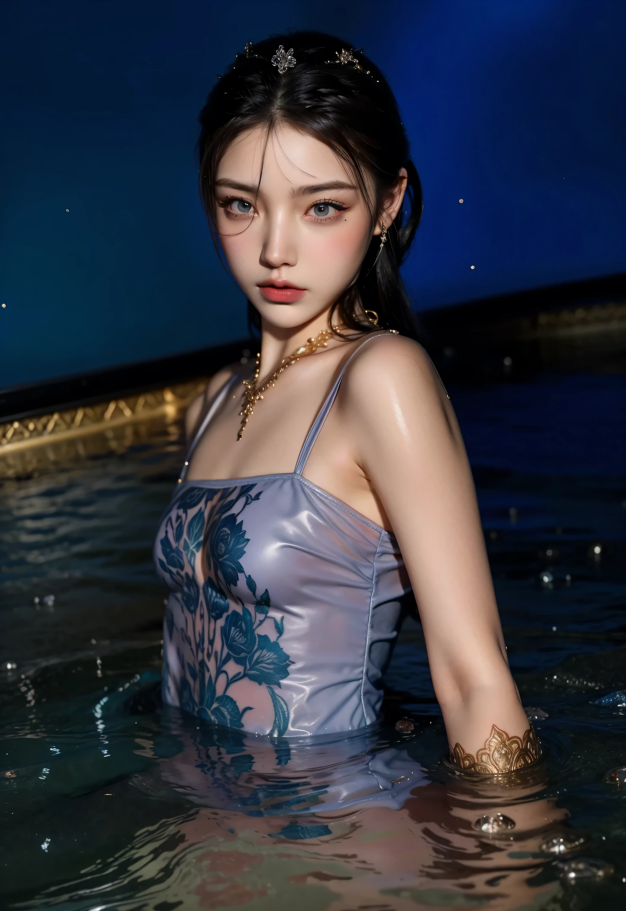 Game Art,Best image quality,Maximum resolution,8K,(A bust photo),(portrait),(Head close-up),(Rule of Thirds),Unreal Engine 5 rendering works,20 year old girl,((Queen)),The eyes are very detailed,(Large Breasts),Elegant and noble,light,Ray Tracing,Game CG,((3D Unreal Engine)),OC rendering reflection mode,4K,Ultra-clear,Sensual,Translucent lace,Fair and plump figure,Pretty Face,Glossy Gel Coat,身着华贵礼服的Queen,Crystal Gem Crown,Necklace jewelry,blue eyes,The tattoo is very three-dimensional,Gorgeous and intricate tattoo designs,Ultra-clear portrait,Sexy thick lips(Red lipstick),Gorgeous clothing,Diamond Gold,Gold headdress,Lift in the pool,Body in water