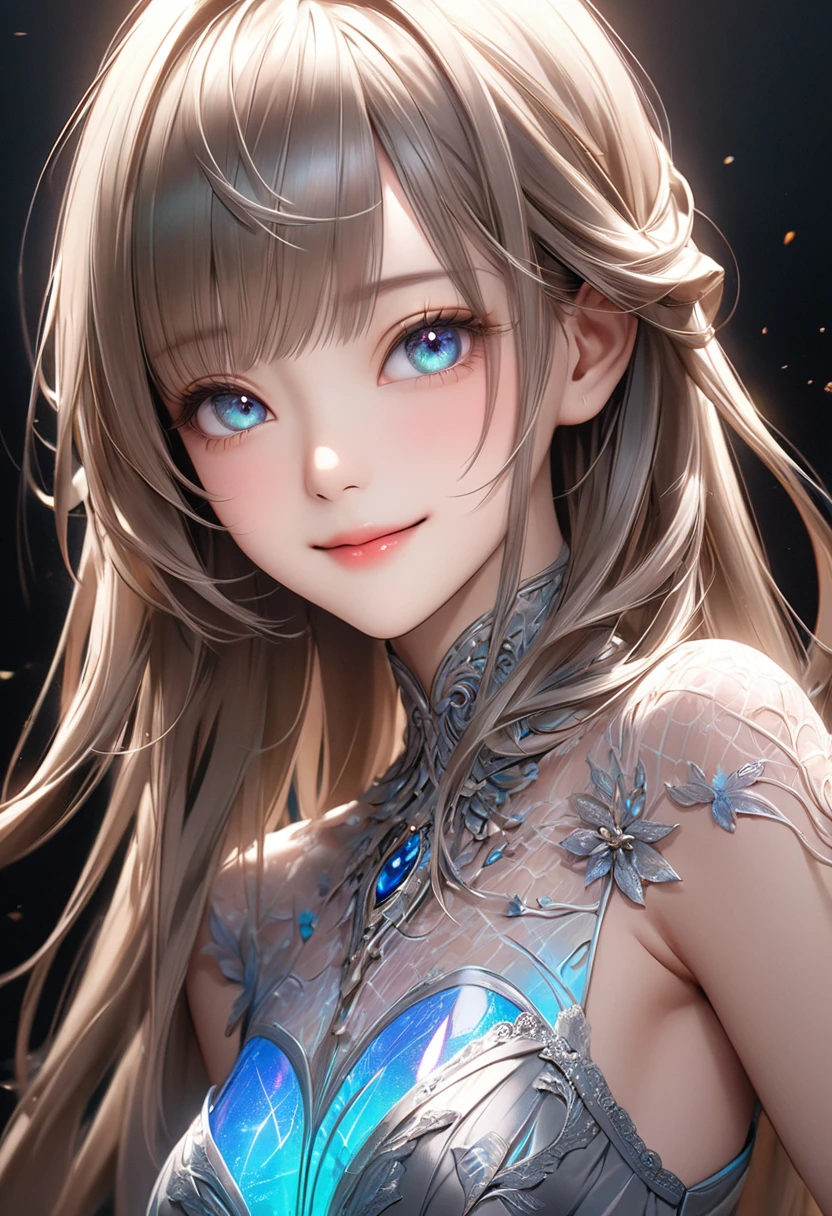 
                 Detailed and vivid depiction of beautiful girl posing as a model for photo (dynamic)棕色long hair女子 服装模特( perfect anatomy ) face detailed face. realistic eyes. The face and eyes are very detailed.


                       Delicate skin.、Delicate skin texture smile, long hair,  Fantasy fashion dress glow,, Elegant and flying silk holographic dress , 46-point slanted bangs, dark shadow background, black soft light, 

                           Professional photography master&#39;artwork, texture, complicated, Clear, High-quality masterpieces，Extremely complicated and exquisitely detailed,

                                  Super detailed, Super detailed digital art