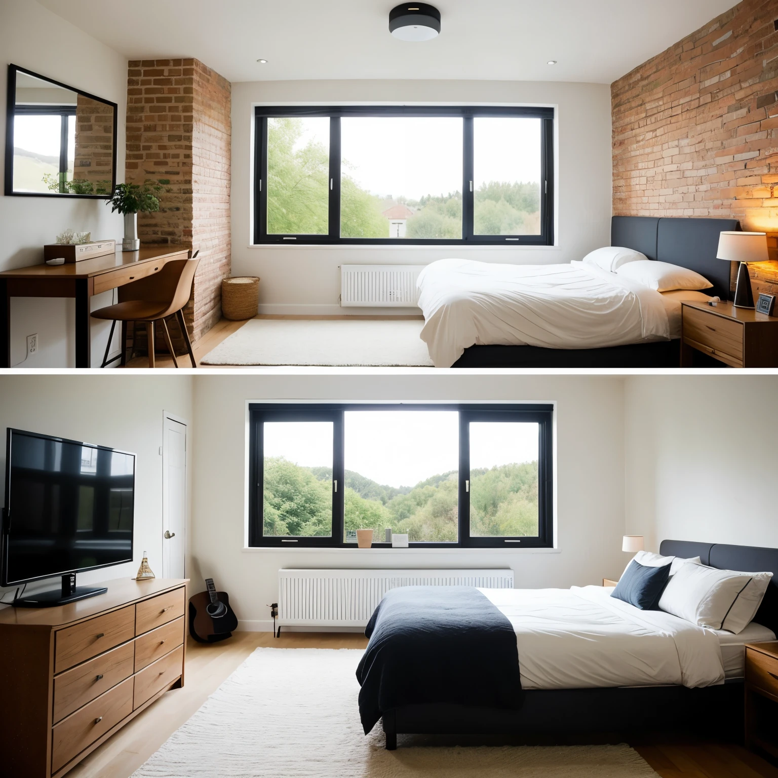 Create a picture of a small bedroom in a modern style.
The wall is made of 19th century brick. The room has a double bed, a table with a bedside lamp, a wardrobe, a large window, a TV on the wall, decorations, a painting, a plant on the windowsill. Use a realistic art style with natural lighting. The photo should be expressive. Realistic photo, photo-realism, views from different sides.